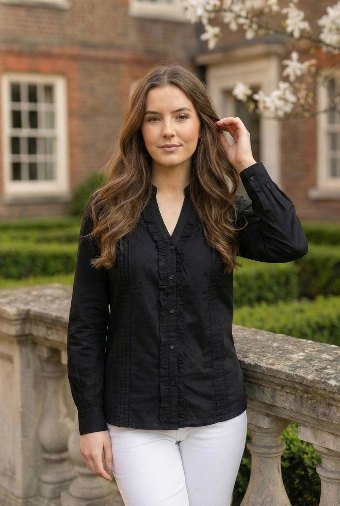 Glam Black: Ruffle-Front Cotton Shirt