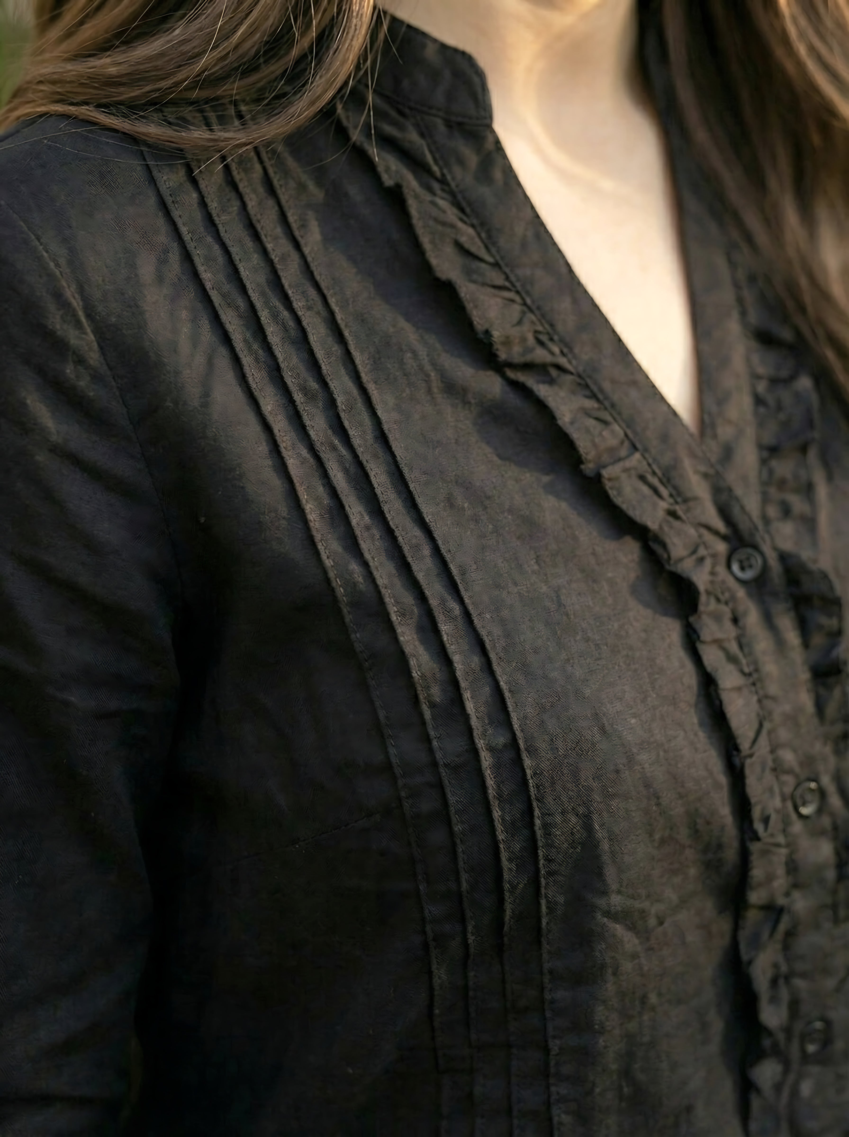 Glam Black: Ruffle-Front Cotton Shirt