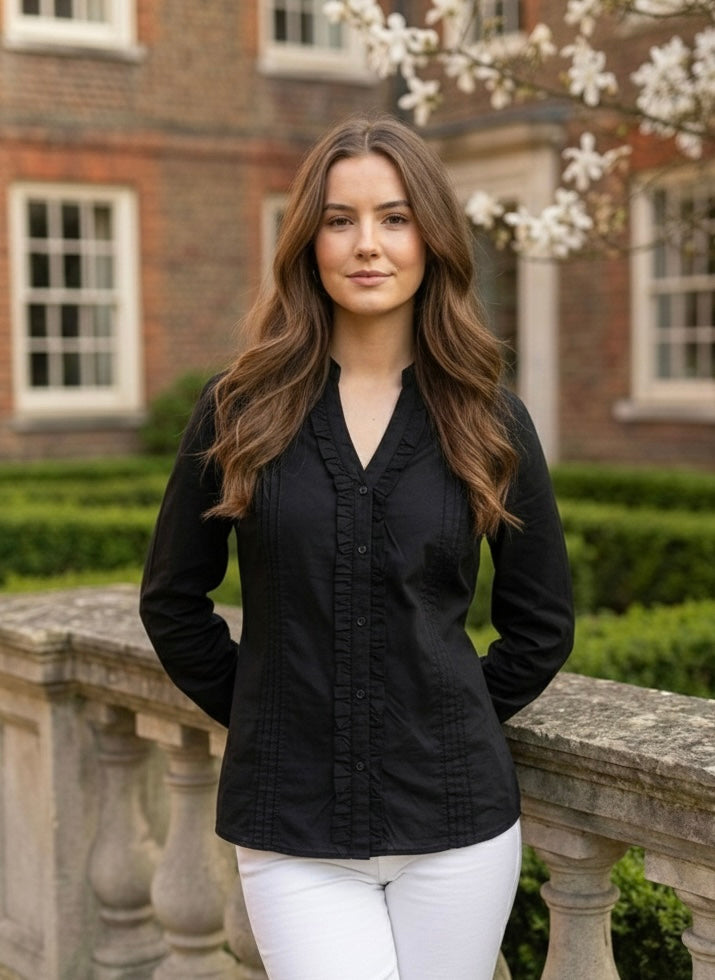 Glam Black: Ruffle-Front Cotton Shirt