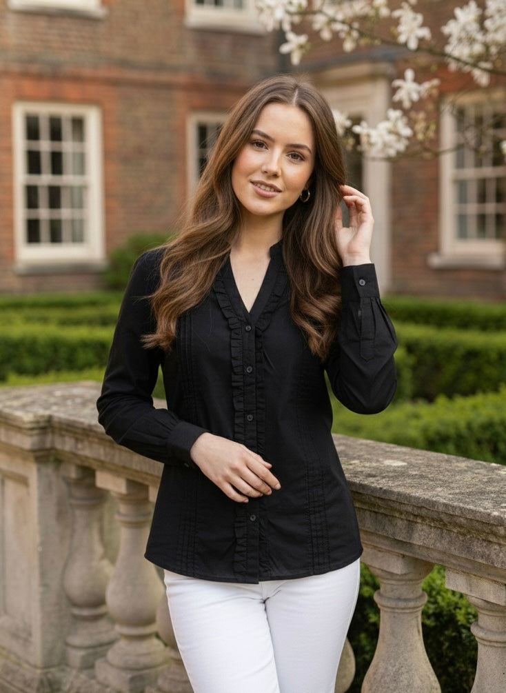 Glam Black: Ruffle-Front Cotton Shirt