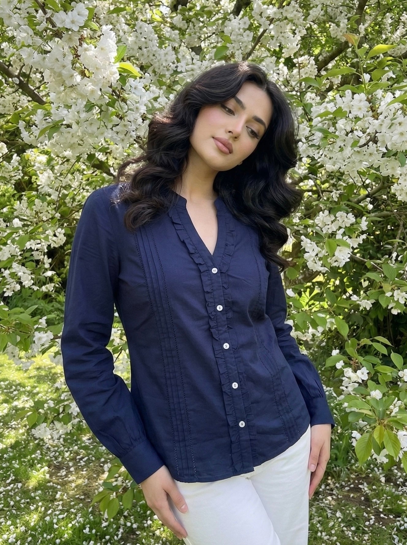 Midnight Grace: Navy Blue Cotton Pintuck Shirt