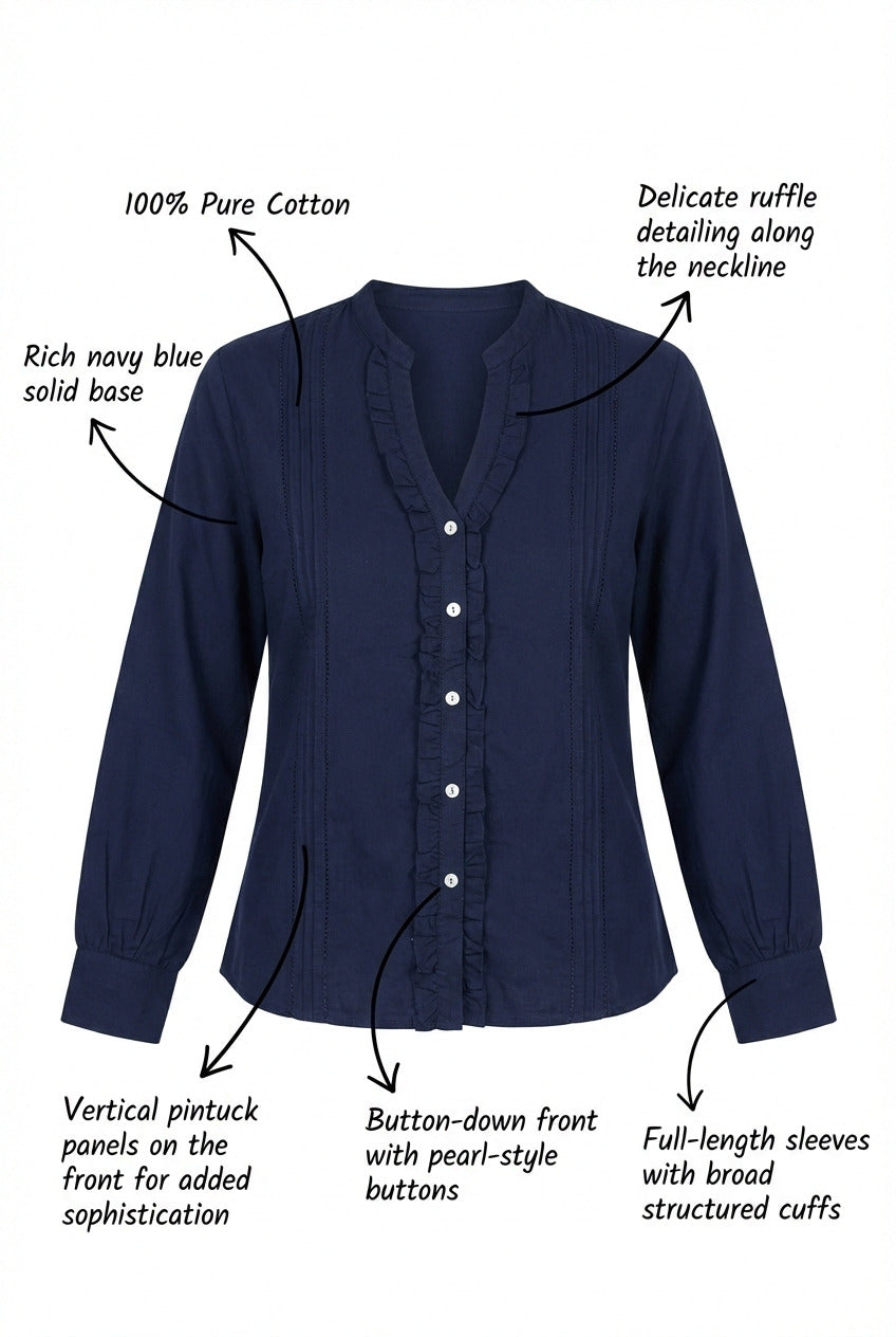 Midnight Grace: Navy Blue Cotton Pintuck Shirt