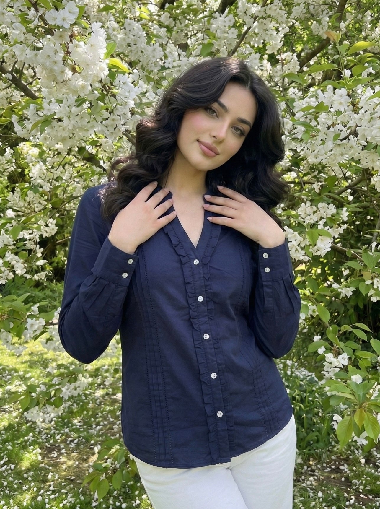 Midnight Grace: Navy Blue Cotton Pintuck Shirt
