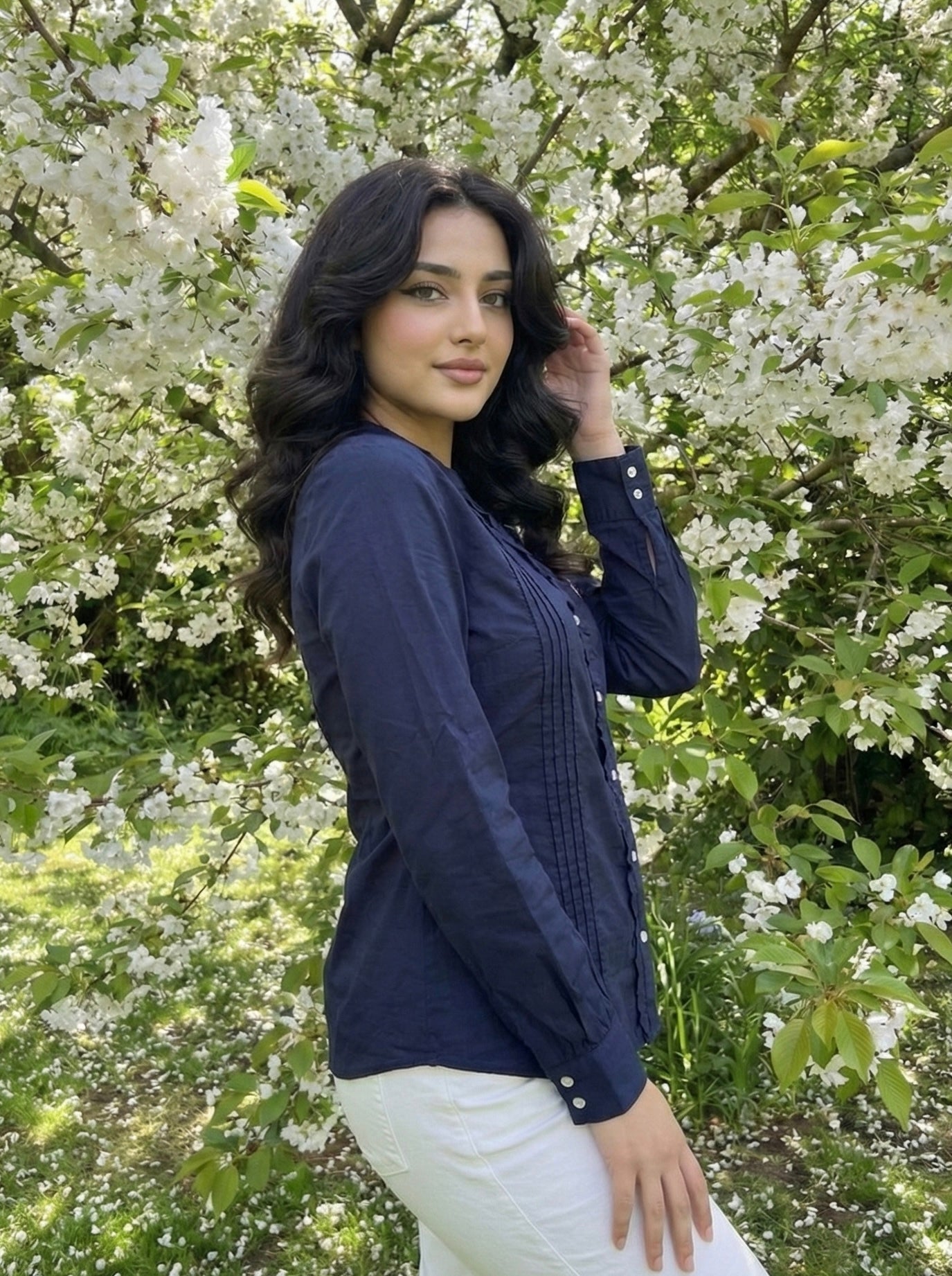 Midnight Grace: Navy Blue Cotton Pintuck Shirt