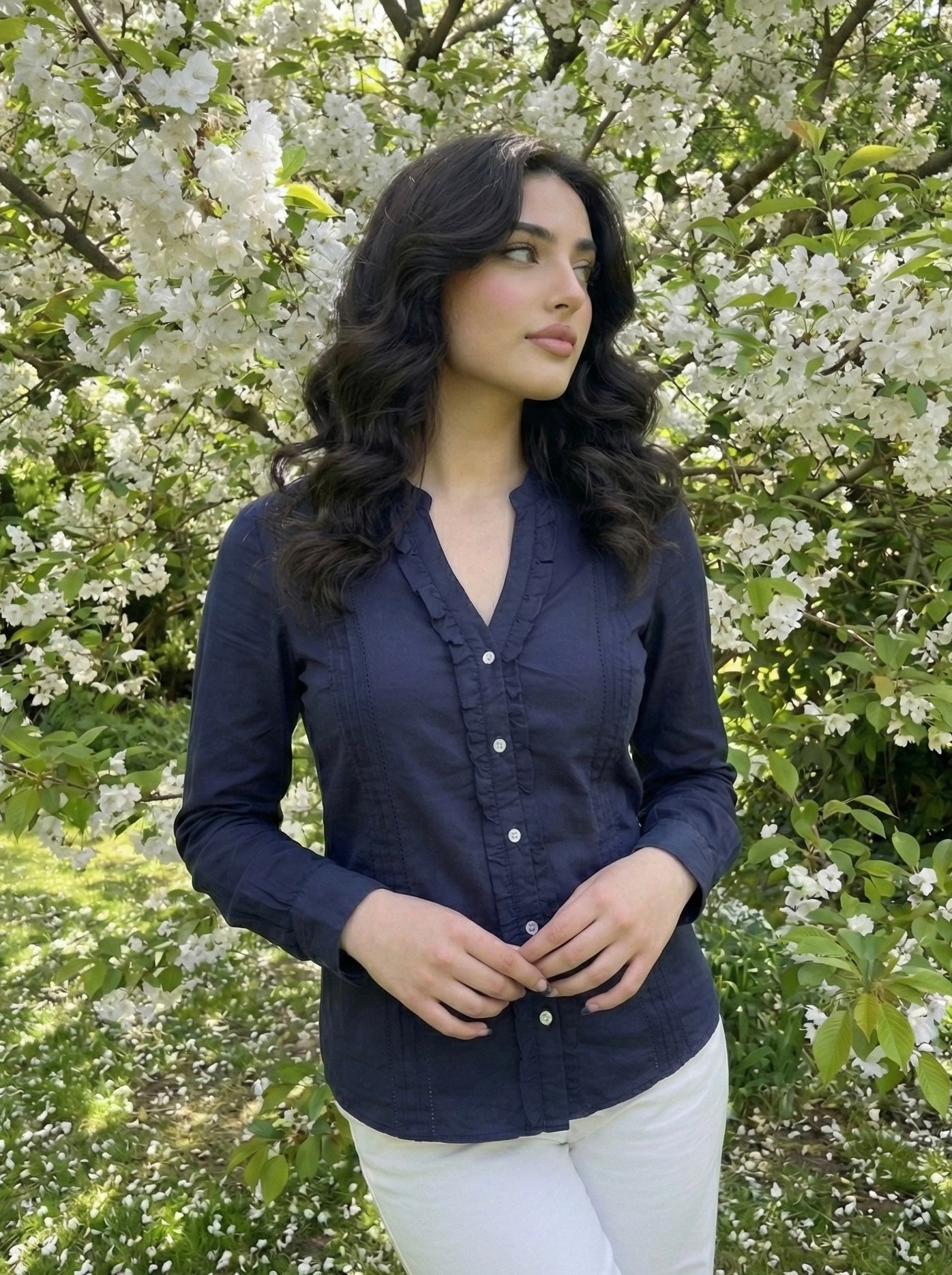 Midnight Grace: Navy Blue Cotton Pintuck Shirt