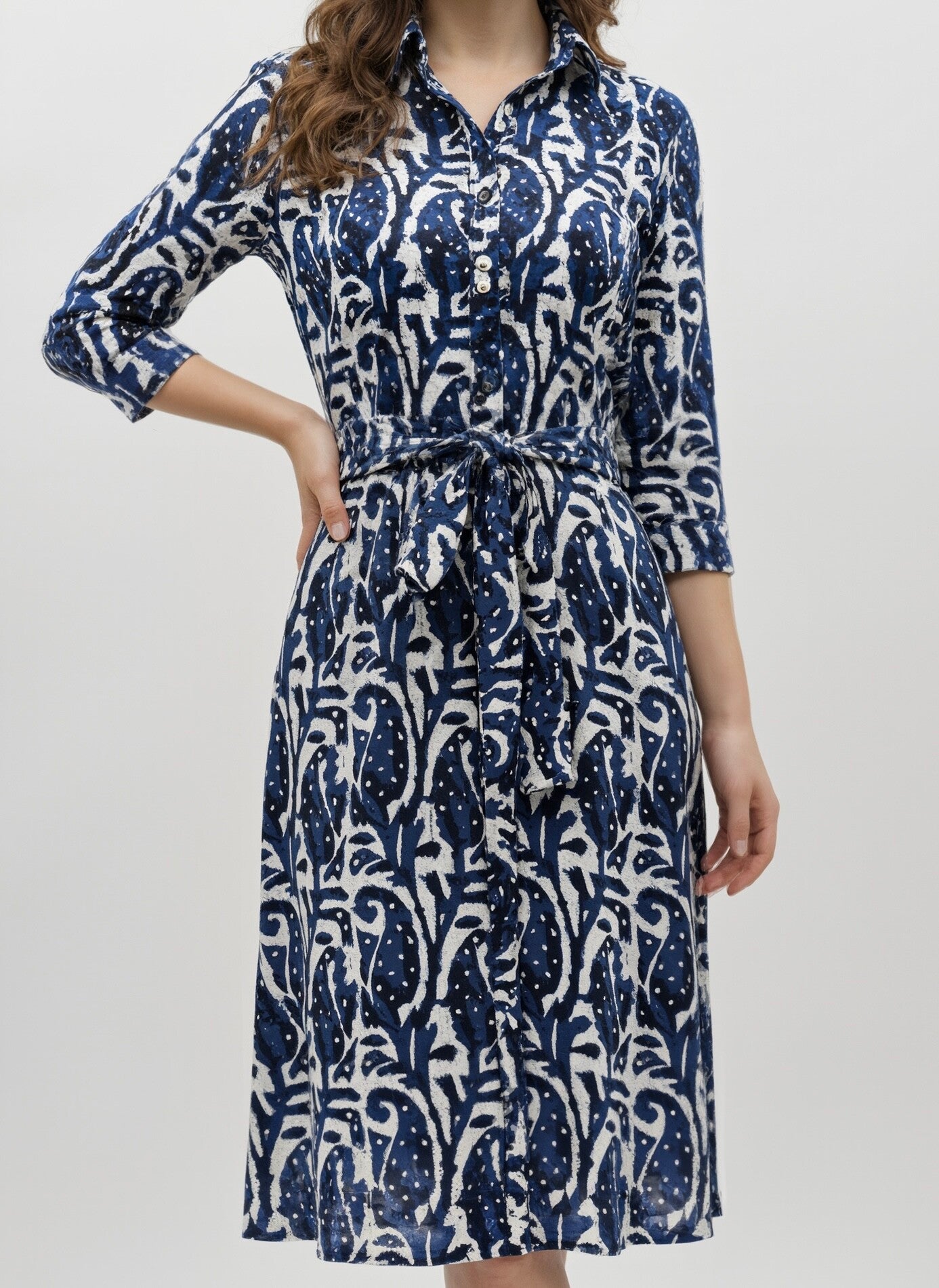 Indigo Script: Tie-Waist Printed Shirt Dress