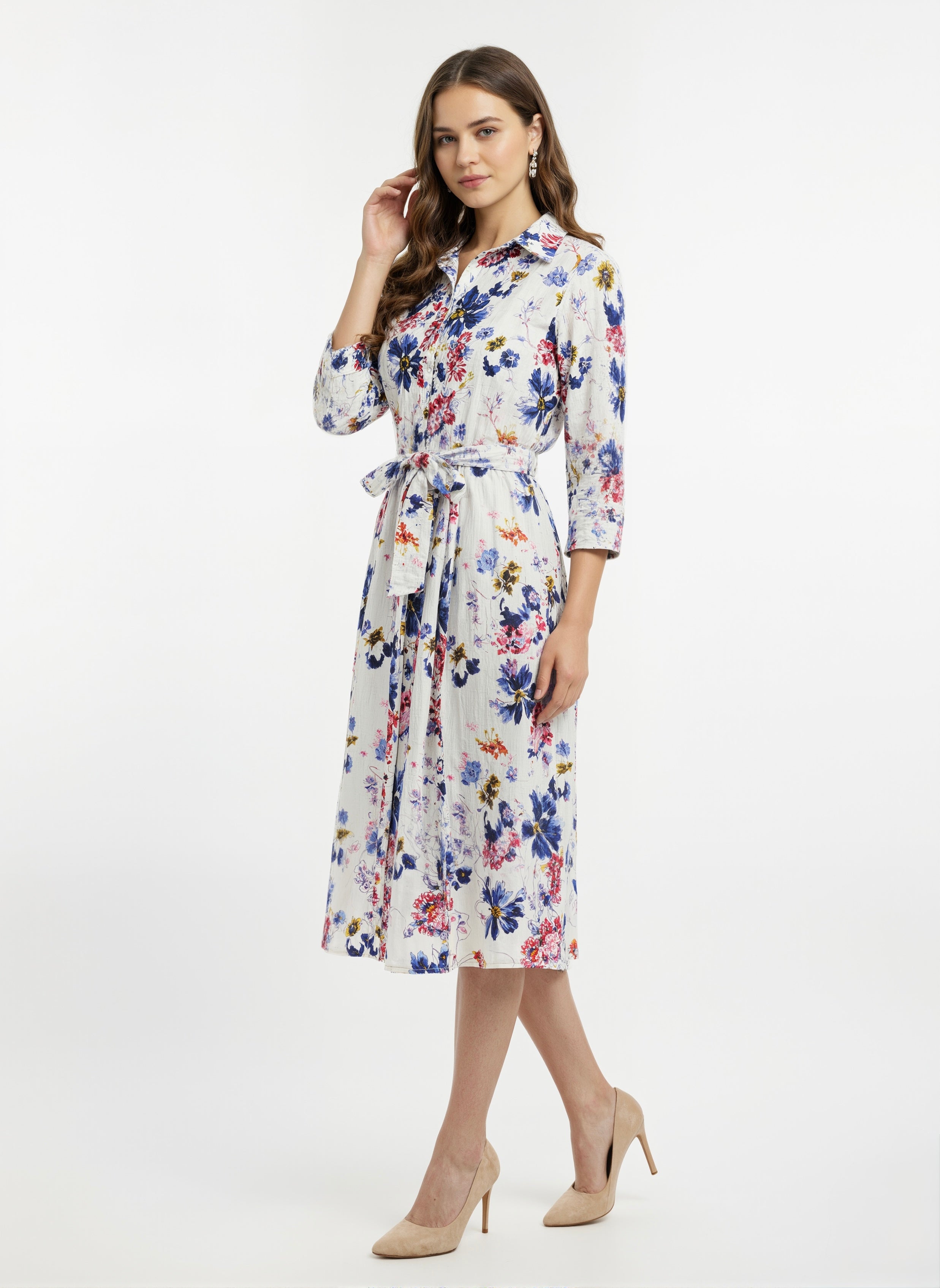 Bloomlight: Tie-Waist Watercolor Floral Shirt Dress