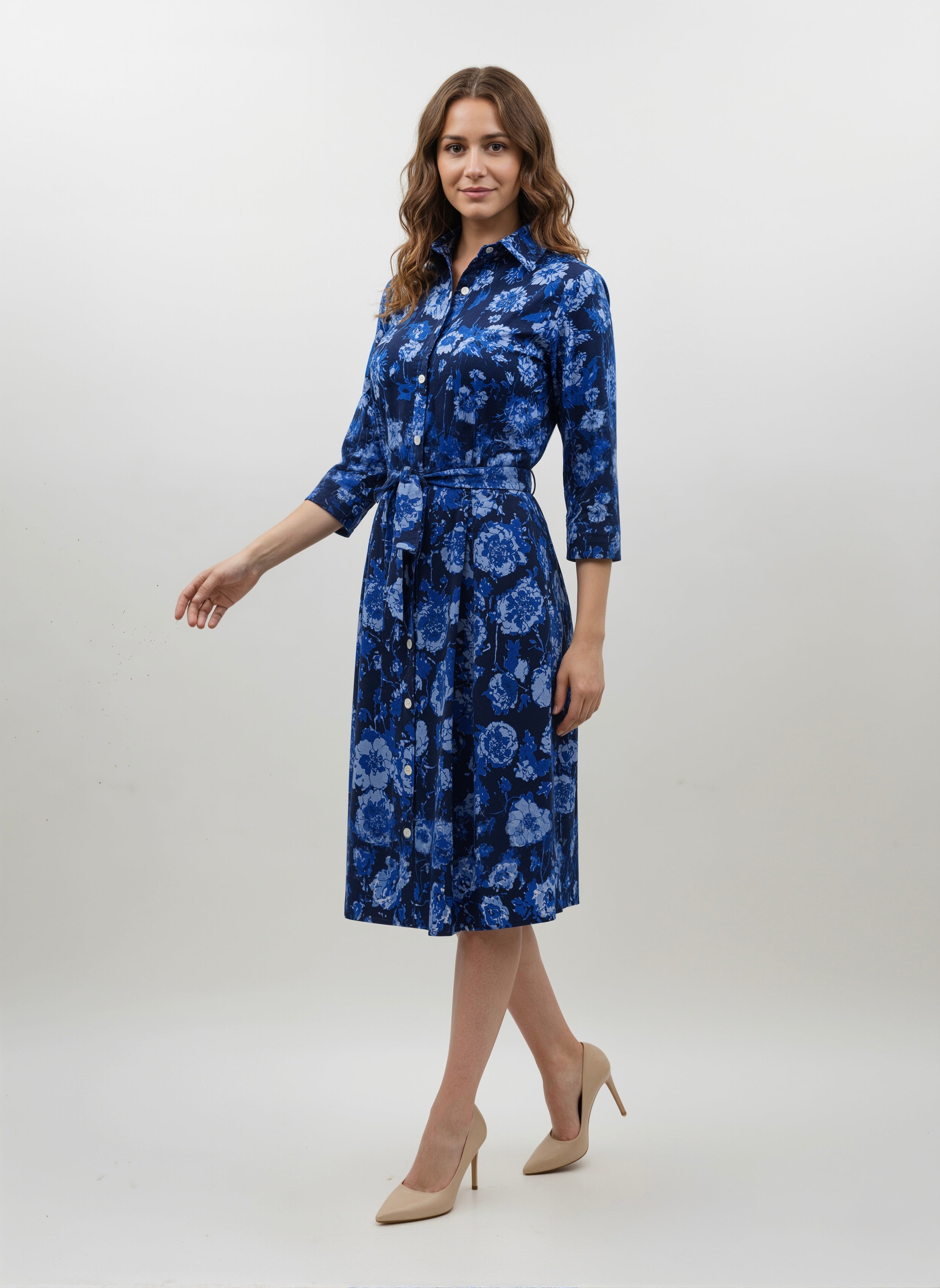 Midnight Bloom: Tie-Waist Blue Floral Shirt Dress