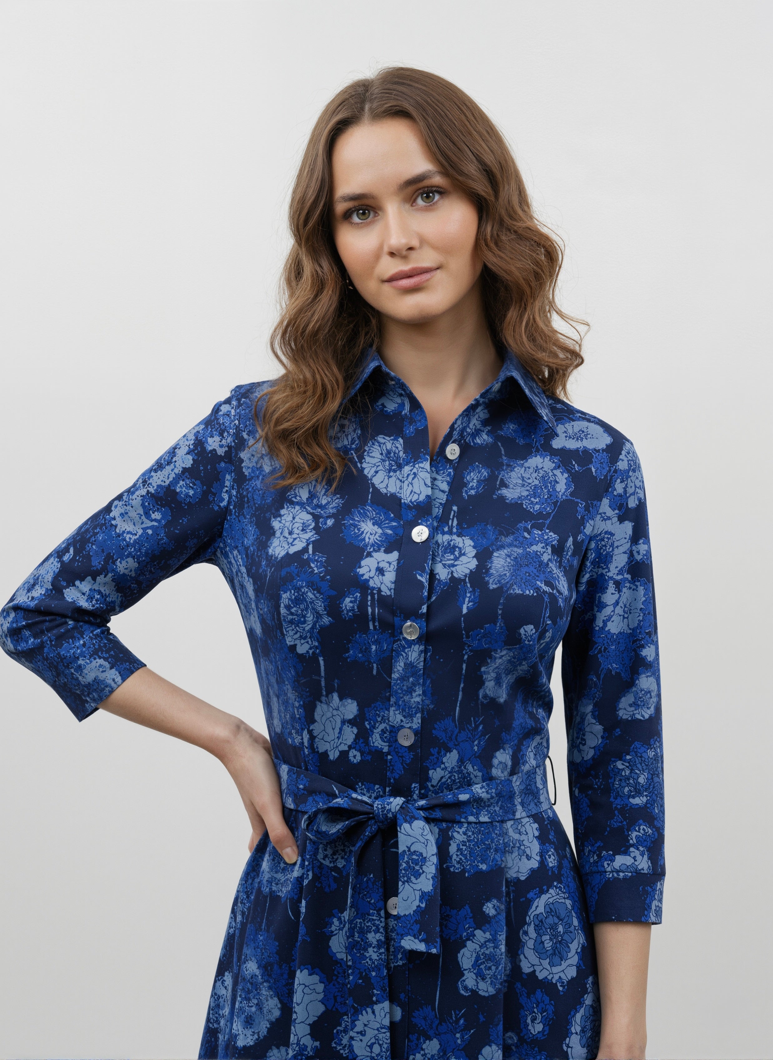 Midnight Bloom: Tie-Waist Blue Floral Shirt Dress