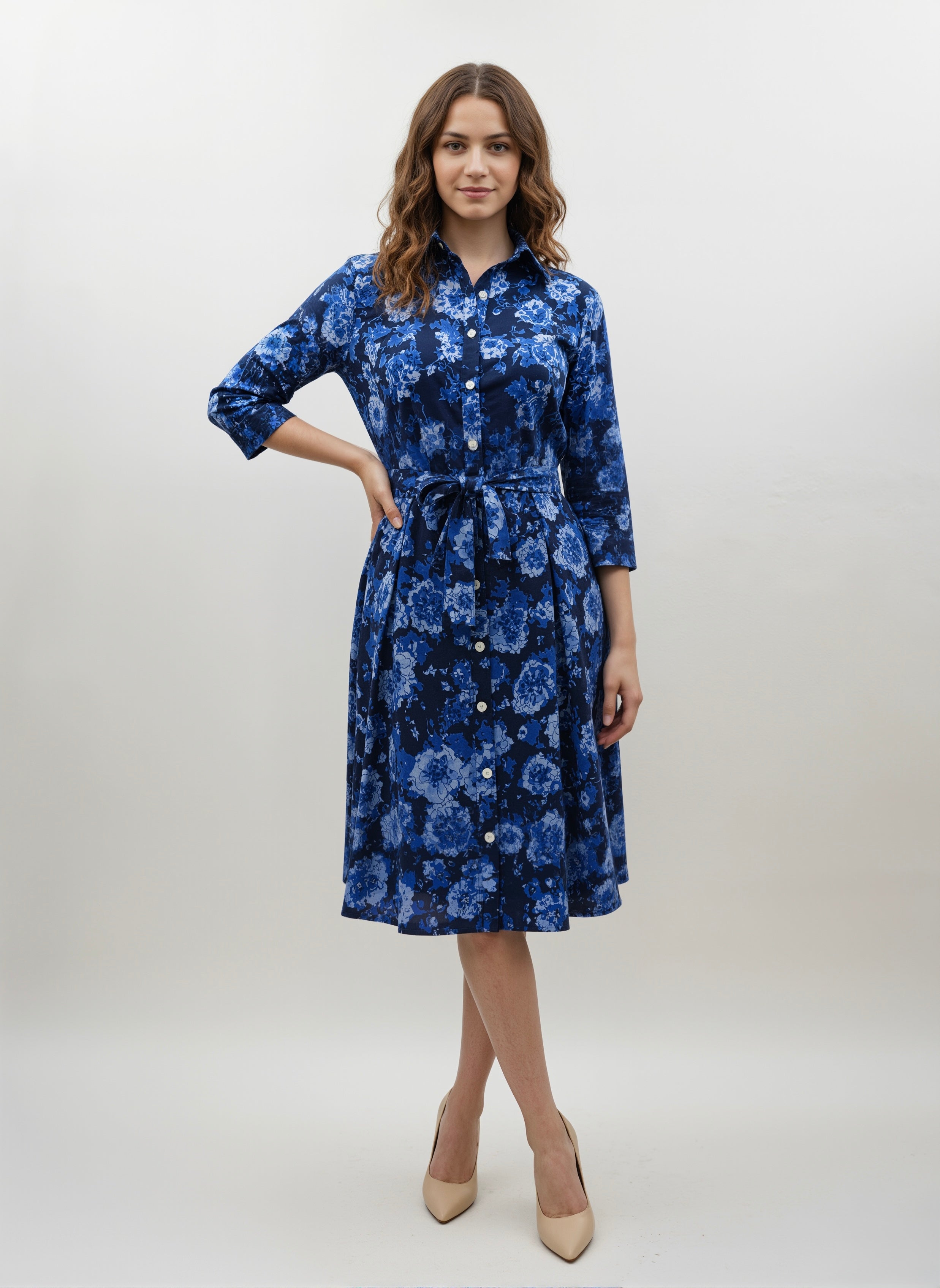 Midnight Bloom: Tie-Waist Blue Floral Shirt Dress