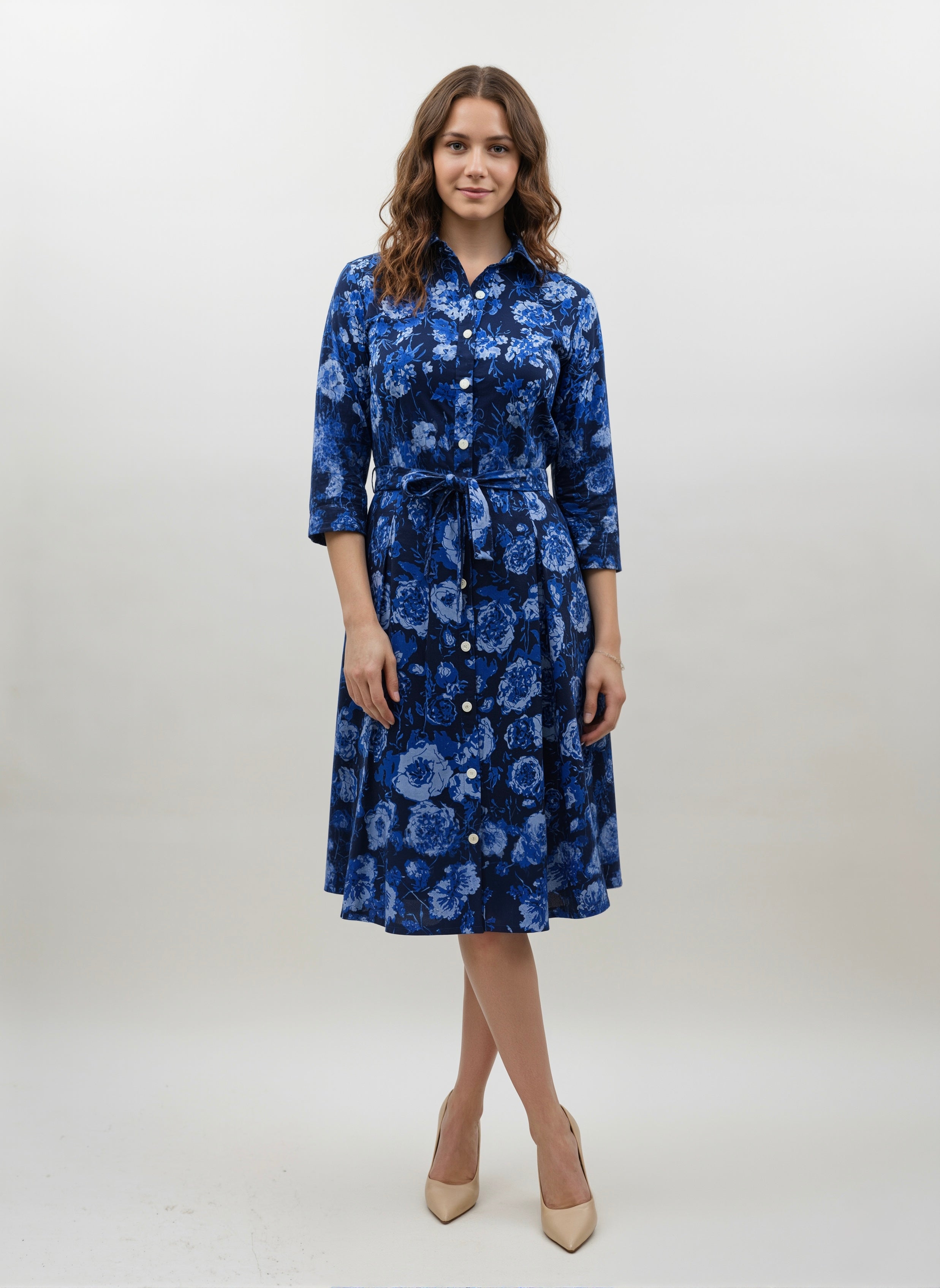 Midnight Bloom: Tie-Waist Blue Floral Shirt Dress