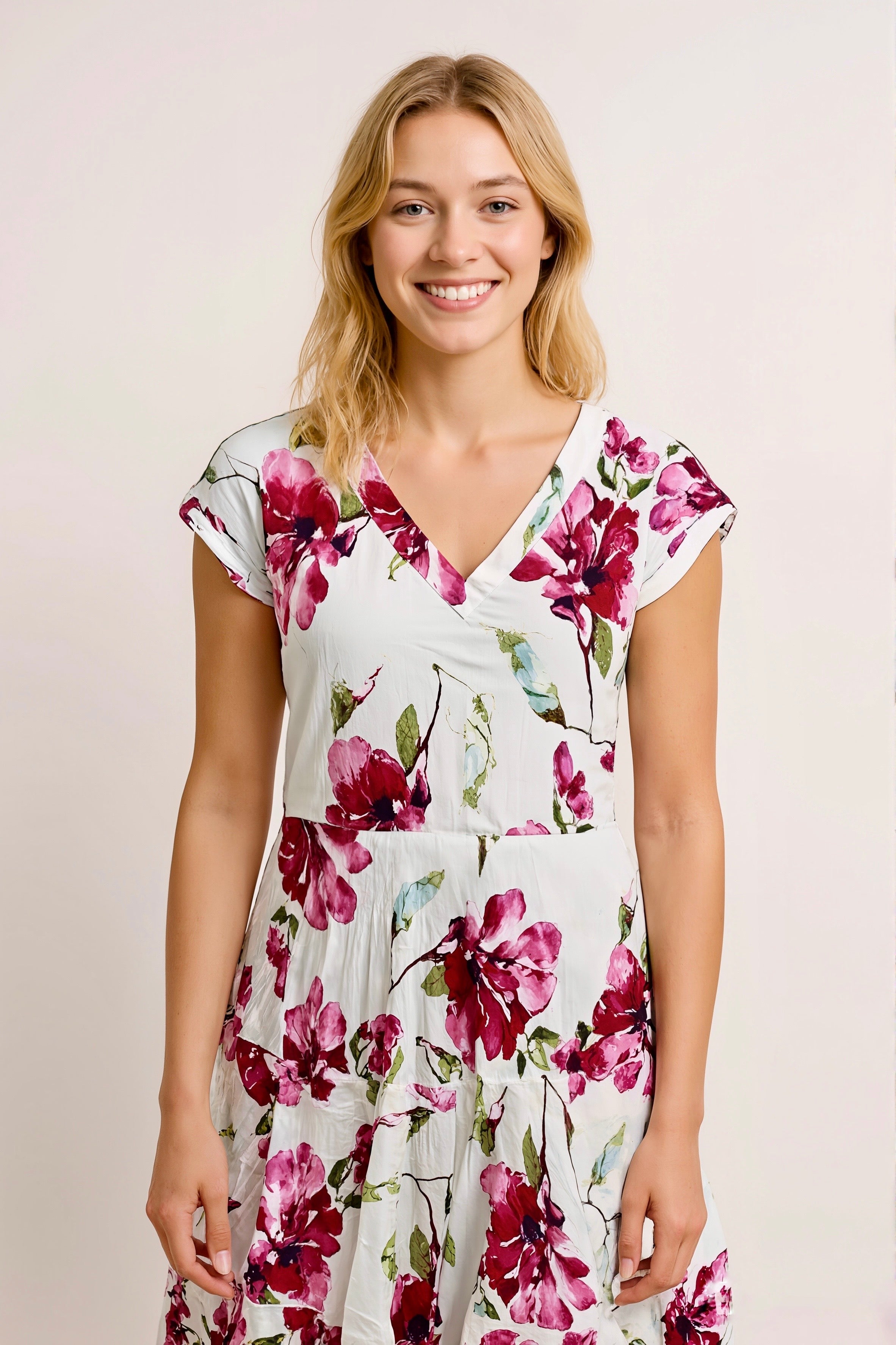 Poise Floral White & Pink Floral A-Line Dress
