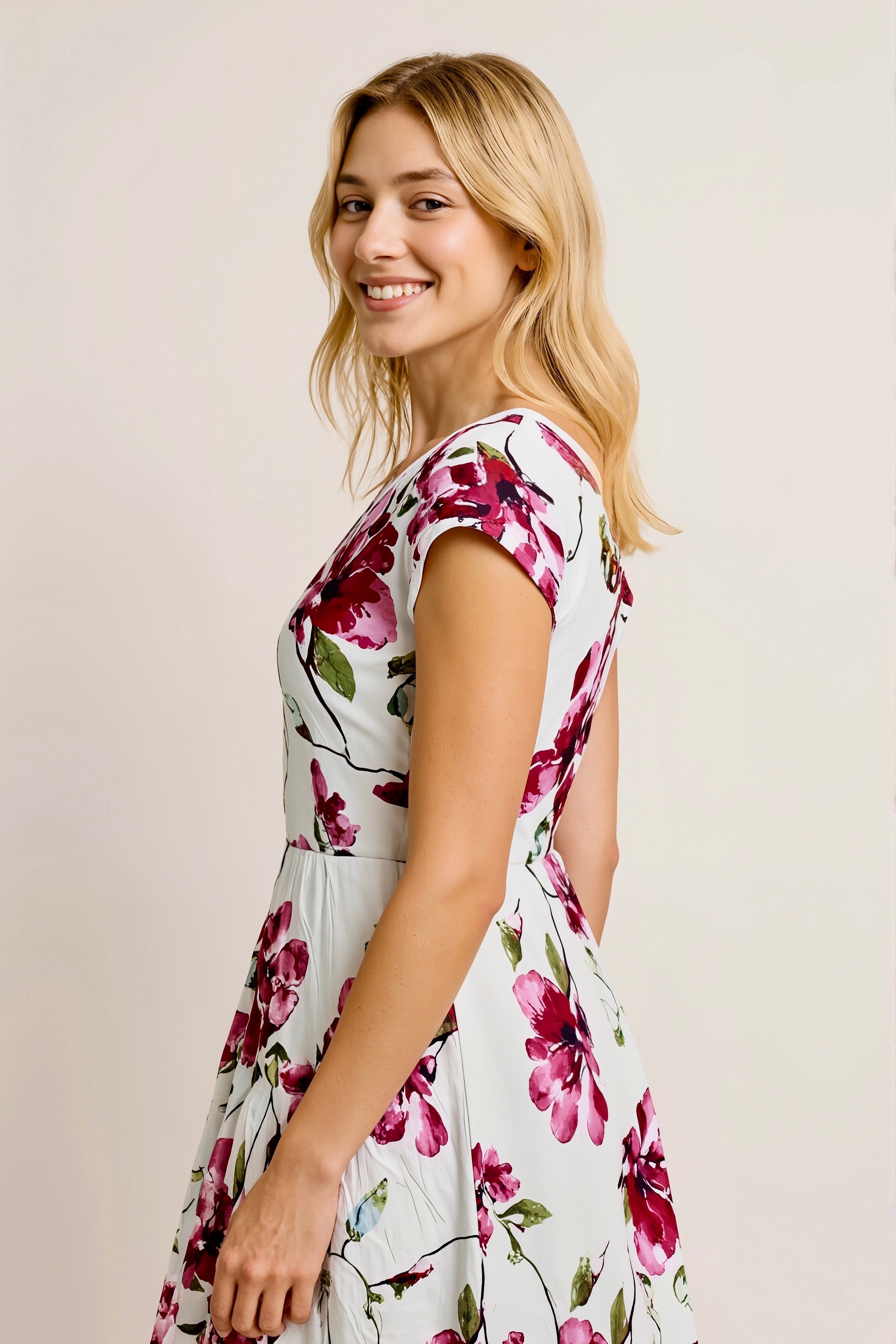 Poise Floral White & Pink Floral A-Line Dress