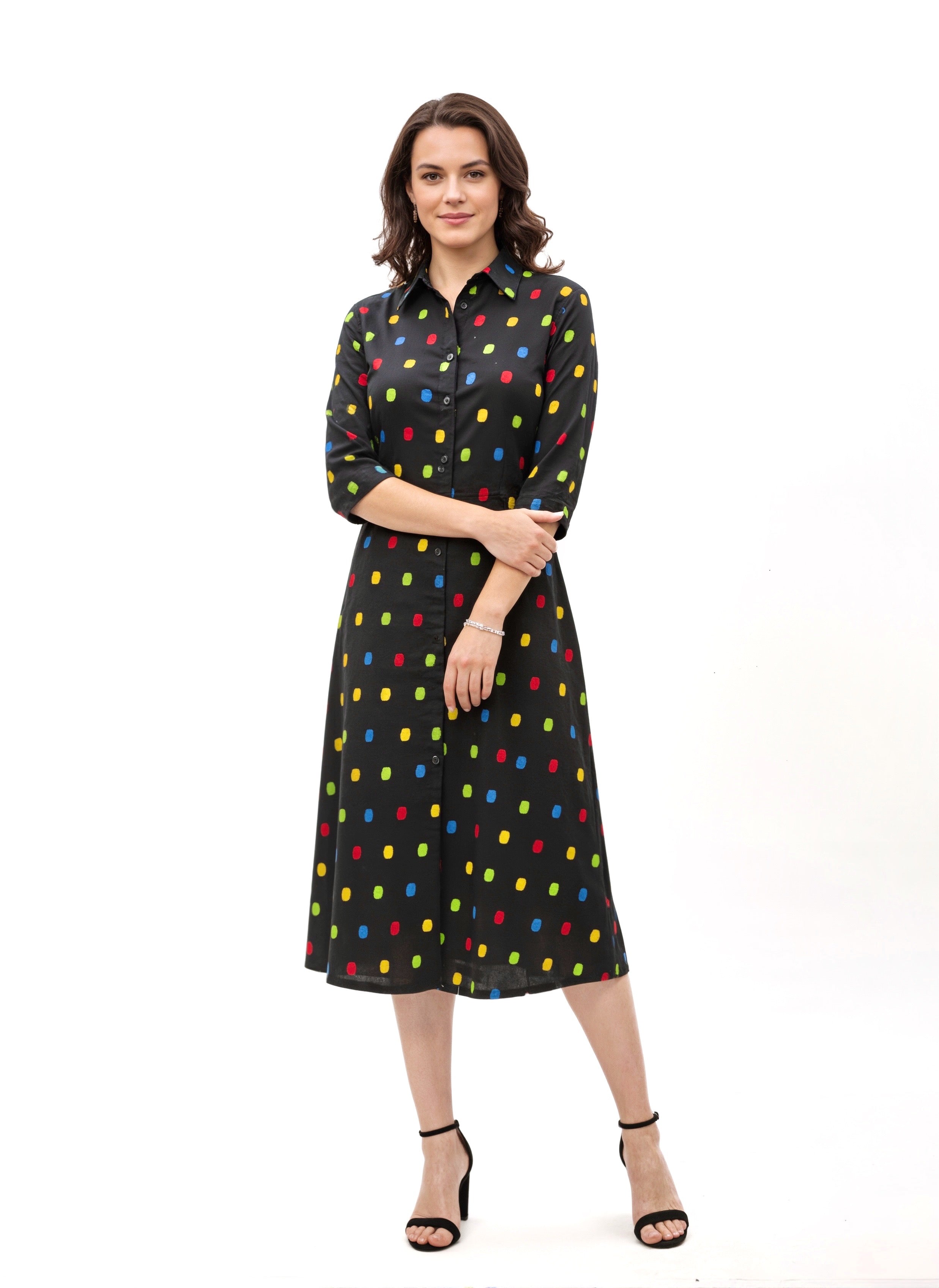 Pixel Pop Multicolor Print Midi Shirt Dress
