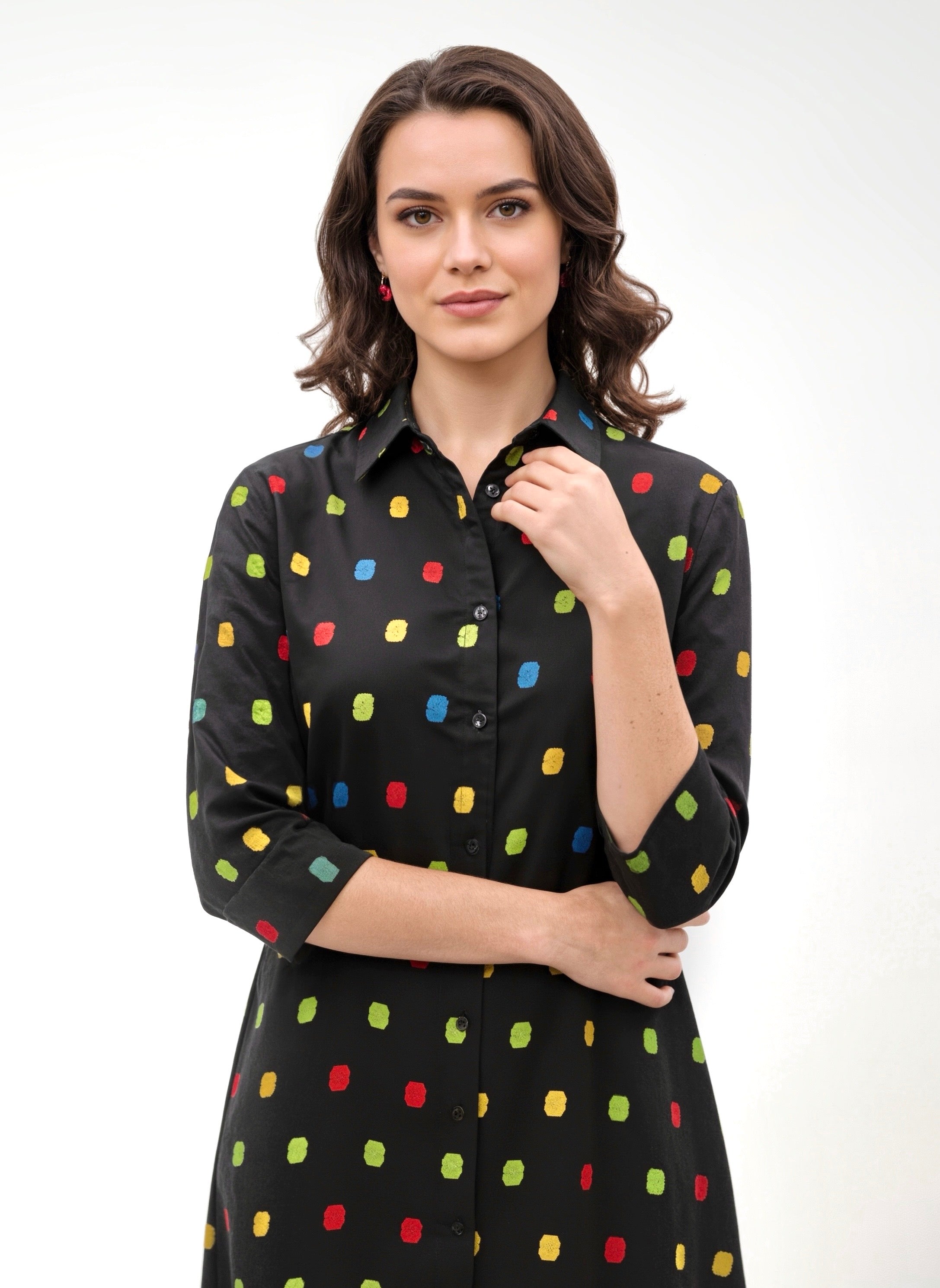 Pixel Pop Multicolor Print Midi Shirt Dress