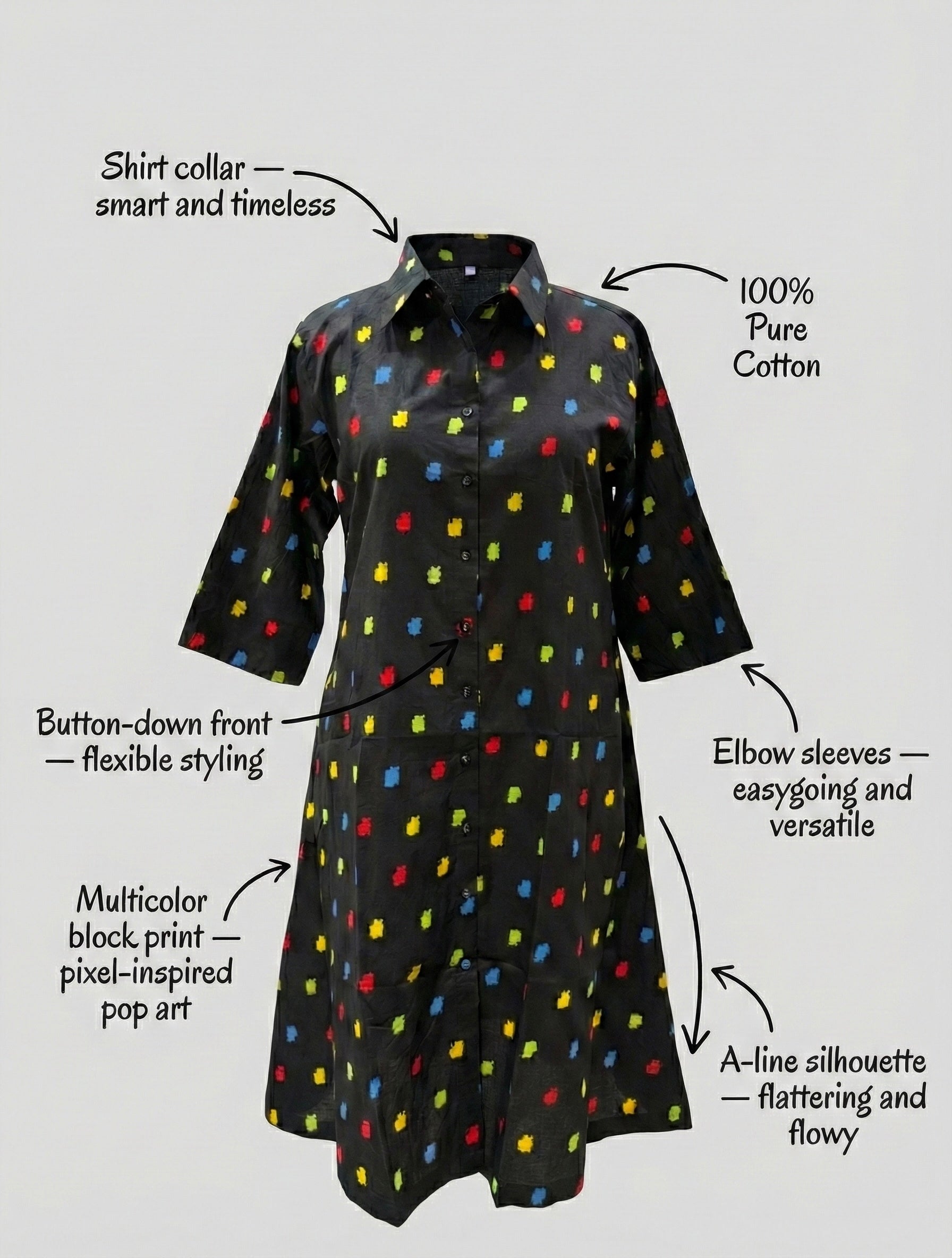 Pixel Pop Multicolor Print Midi Shirt Dress