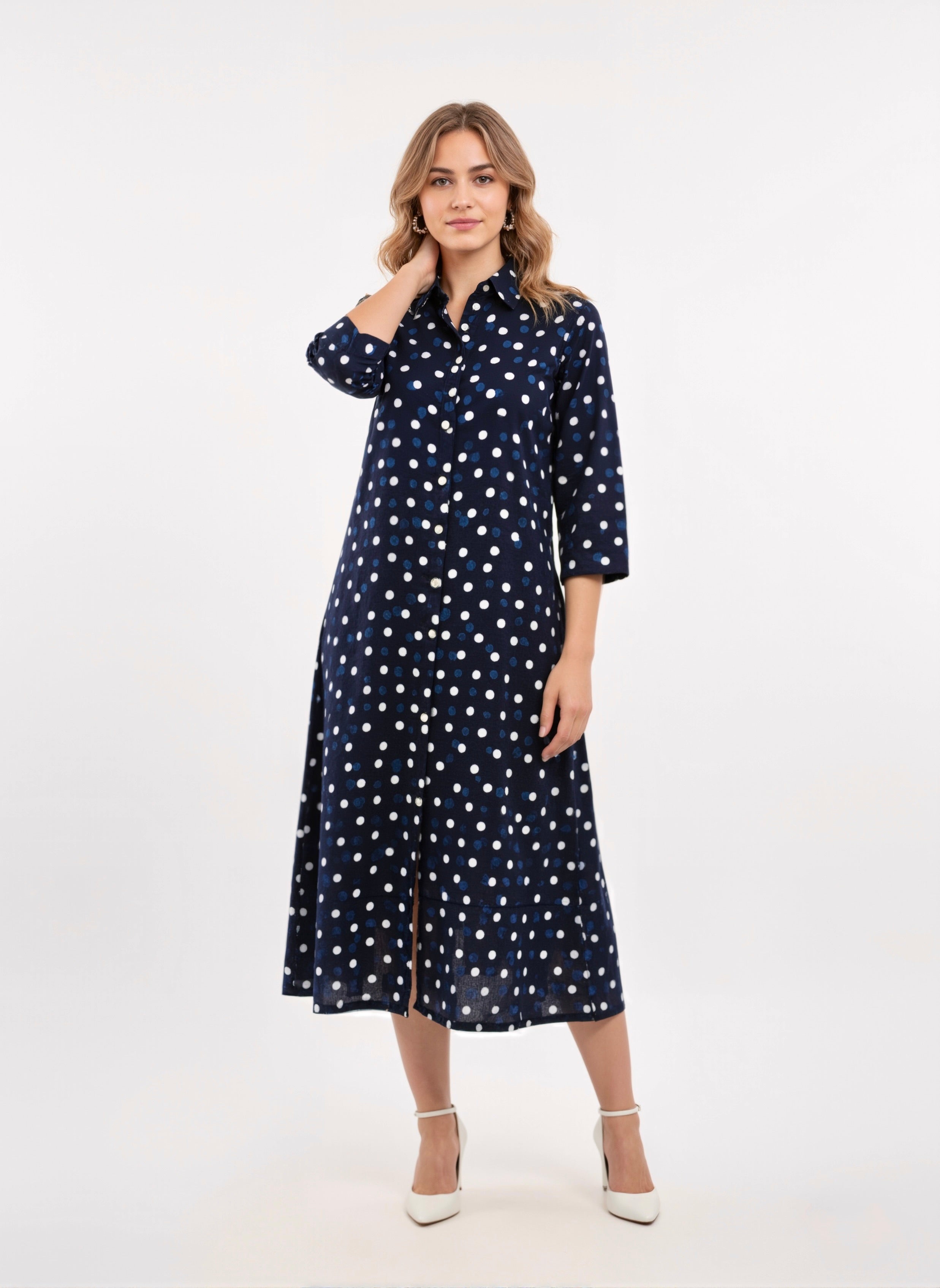 Indigo Dots Cotton Midi Shirt Dress