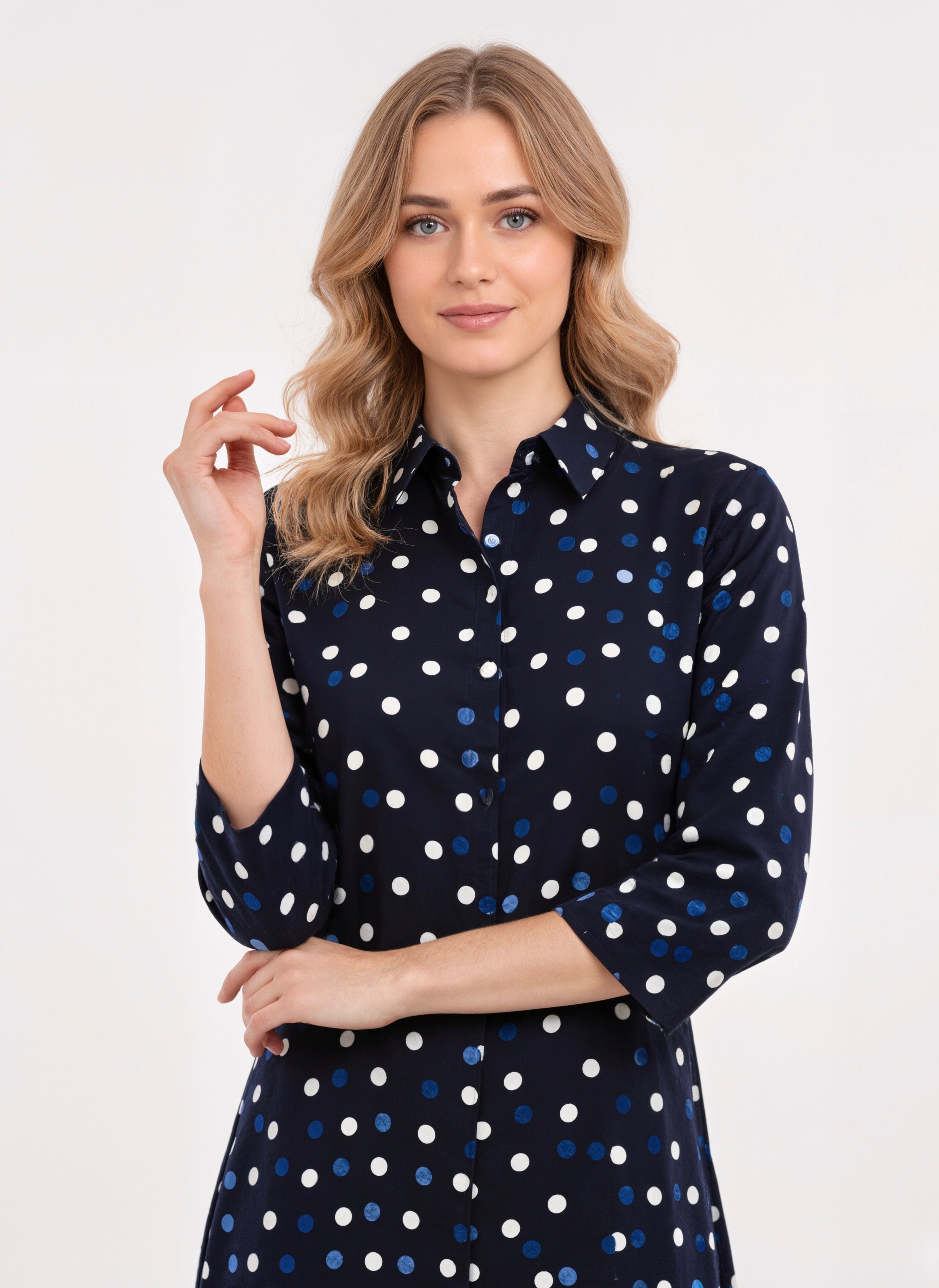 Indigo Dots Cotton Midi Shirt Dress
