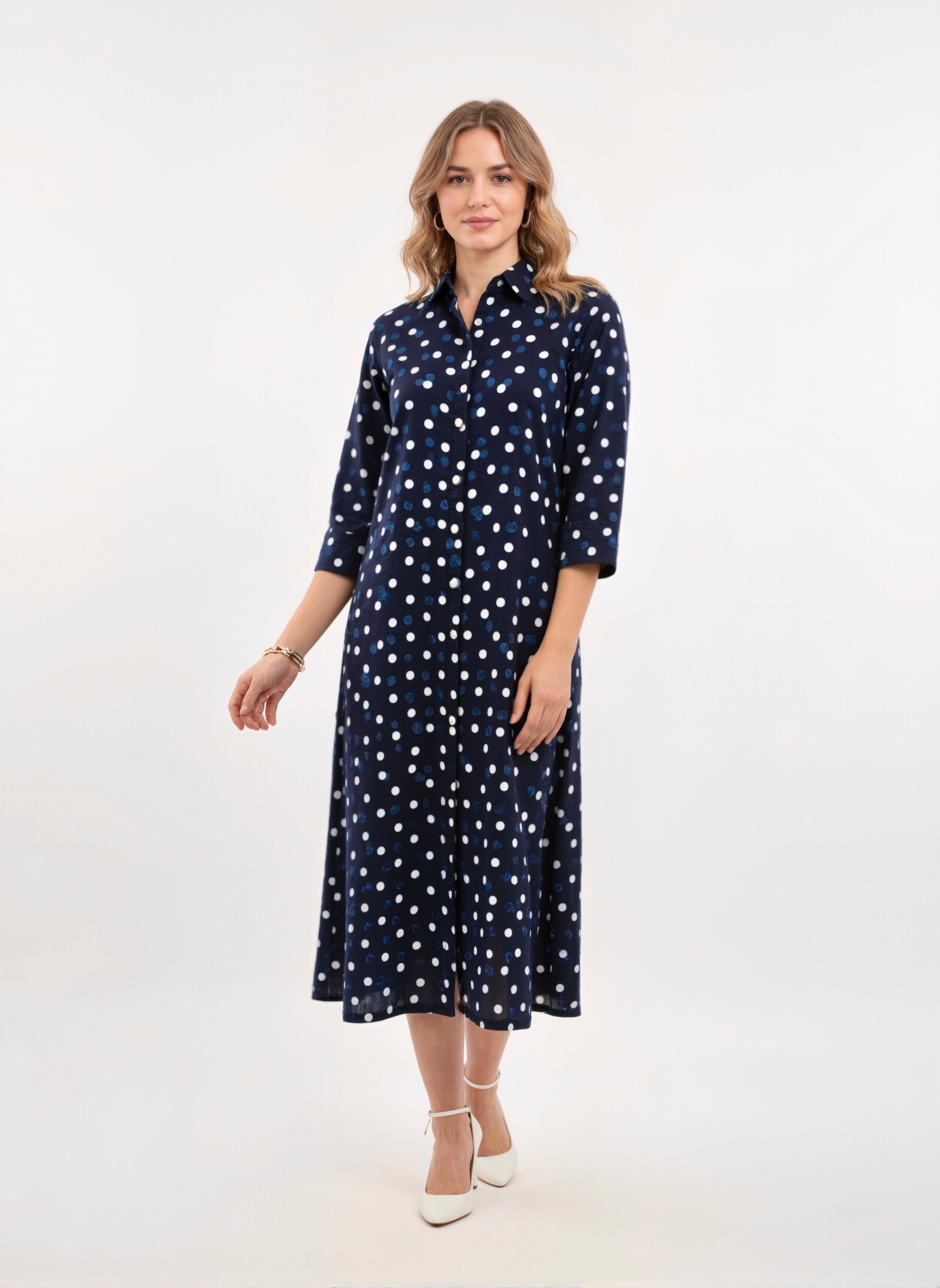 Indigo Dots Cotton Midi Shirt Dress