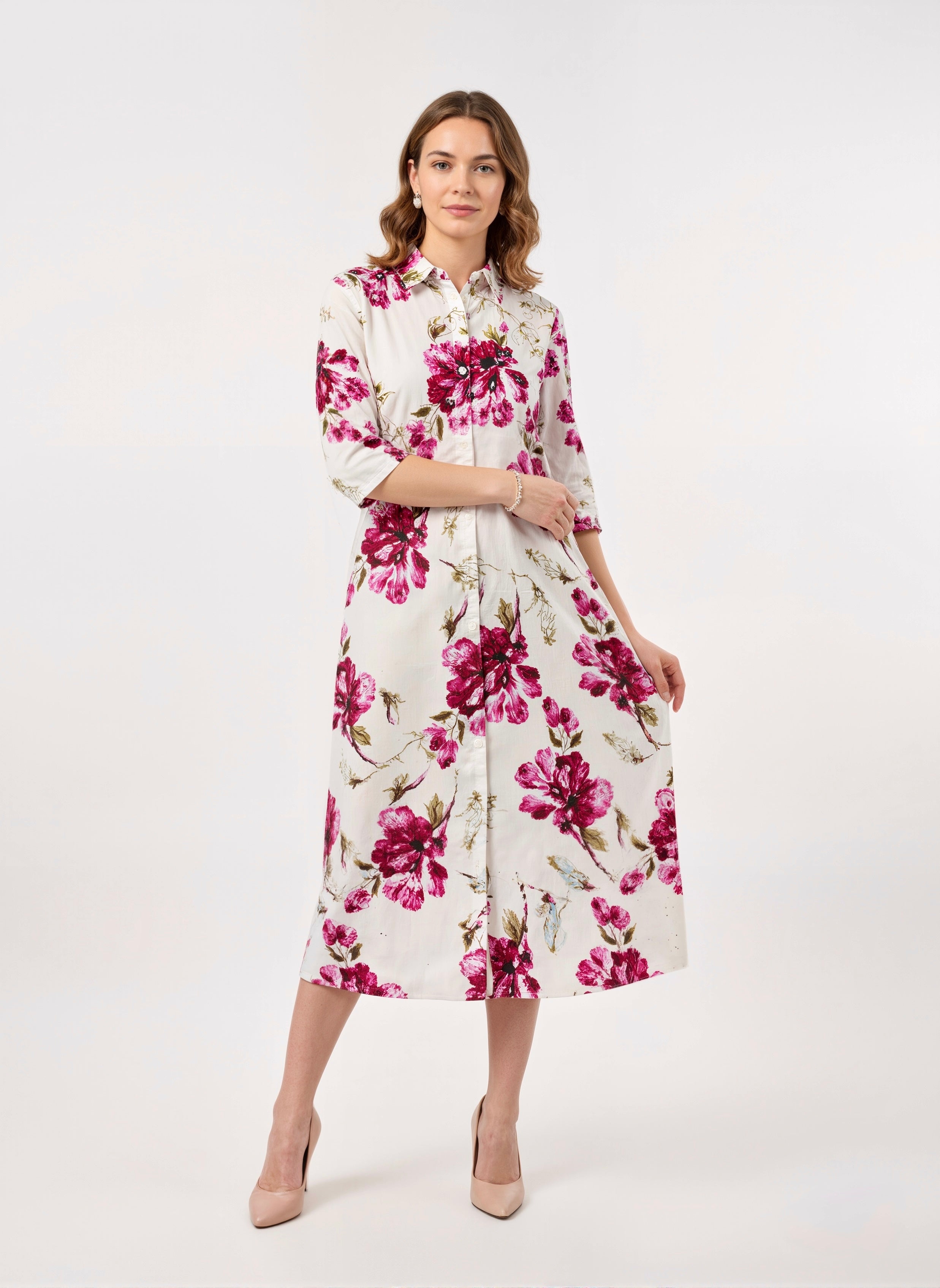 Blossom Drape Watercolor Floral Cotton Shirt Dress