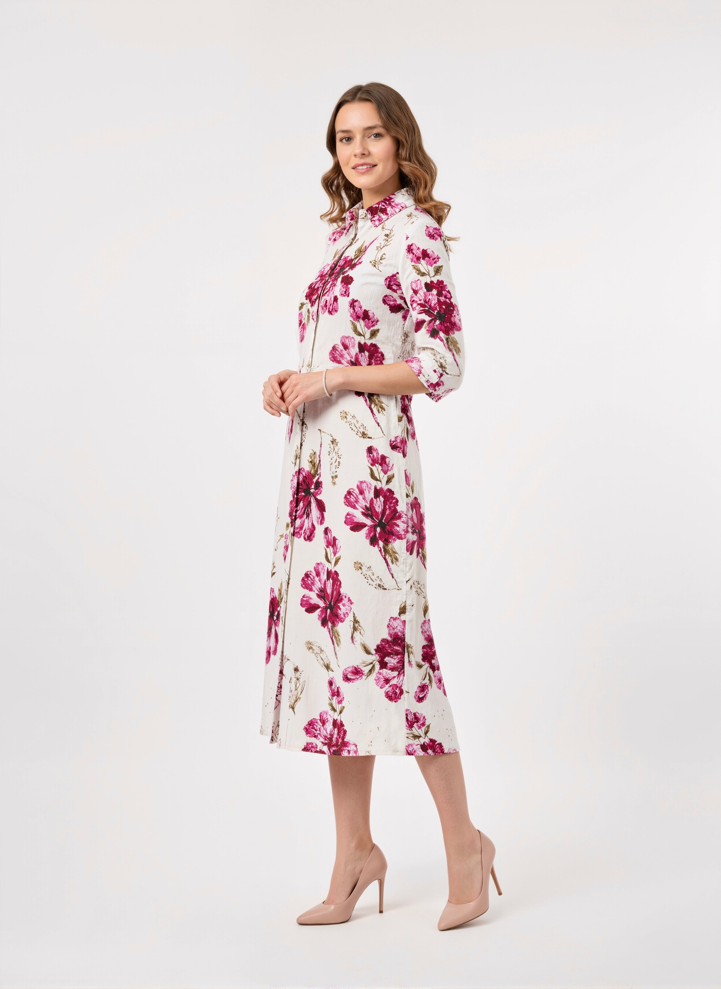 Blossom Drape Watercolor Floral Cotton Shirt Dress