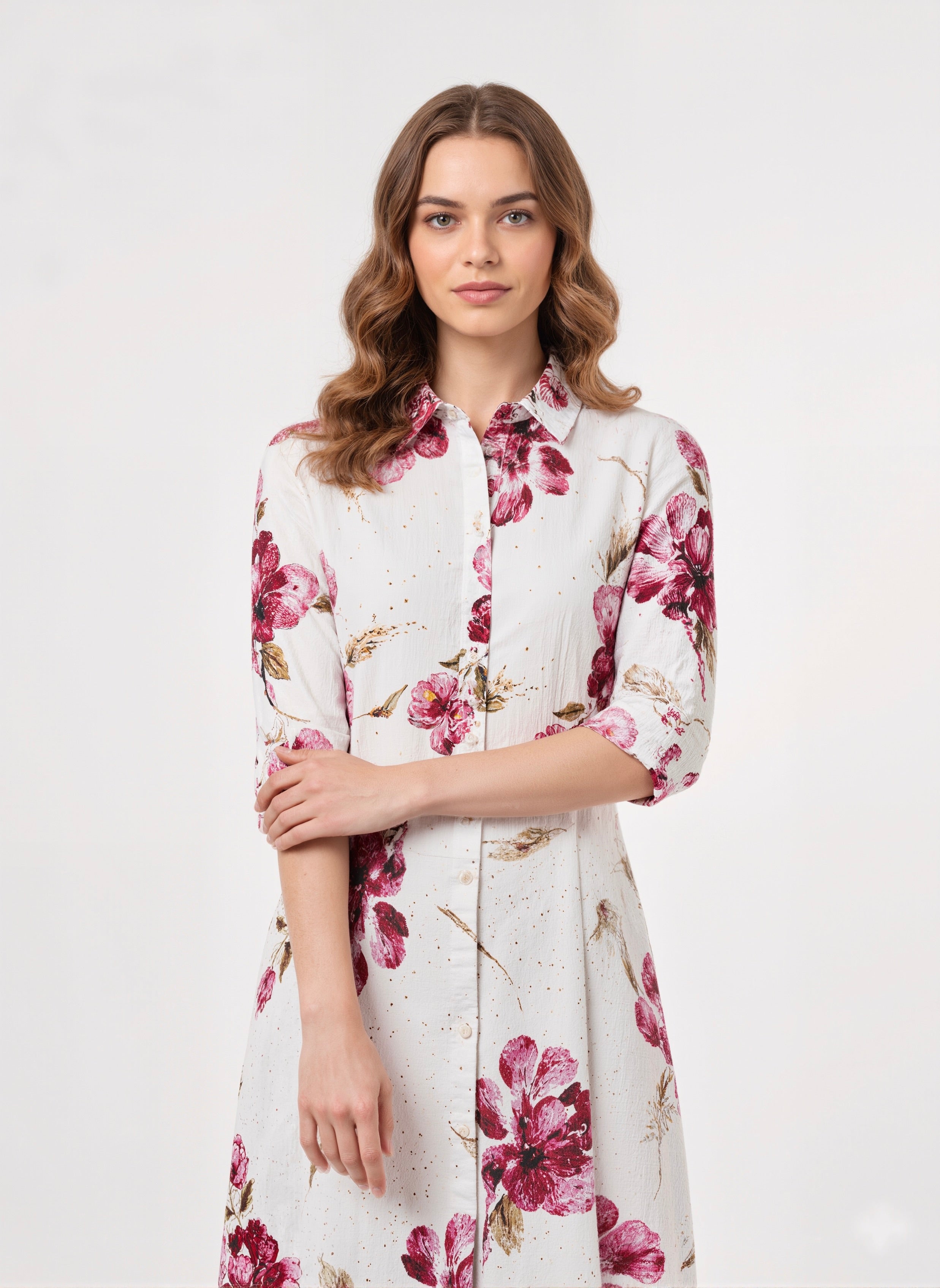 Blossom Drape Watercolor Floral Cotton Shirt Dress