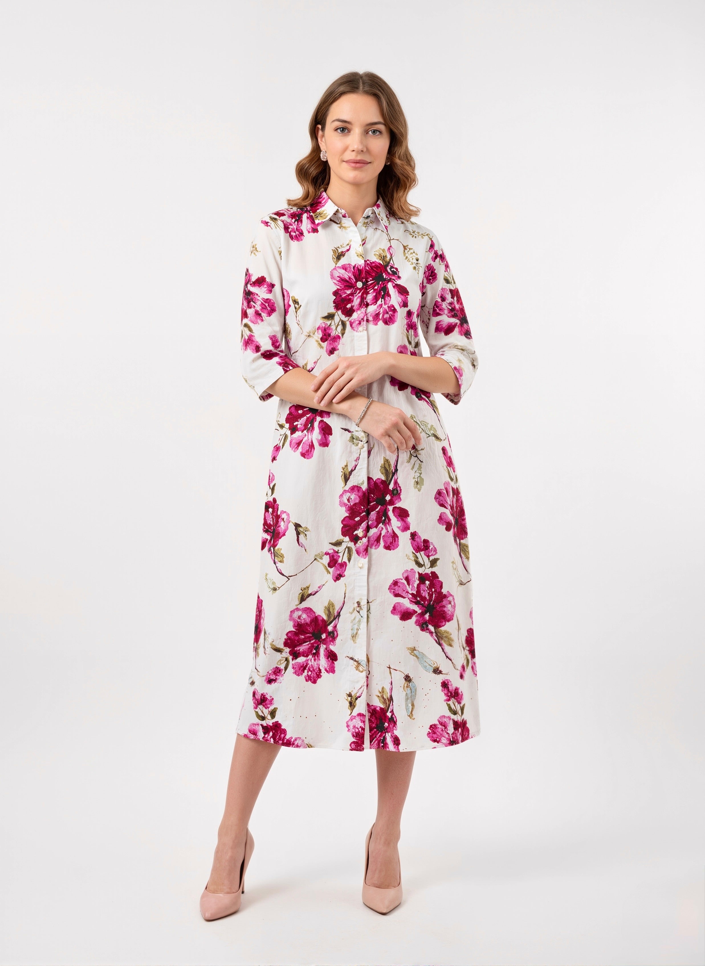 Blossom Drape Watercolor Floral Cotton Shirt Dress