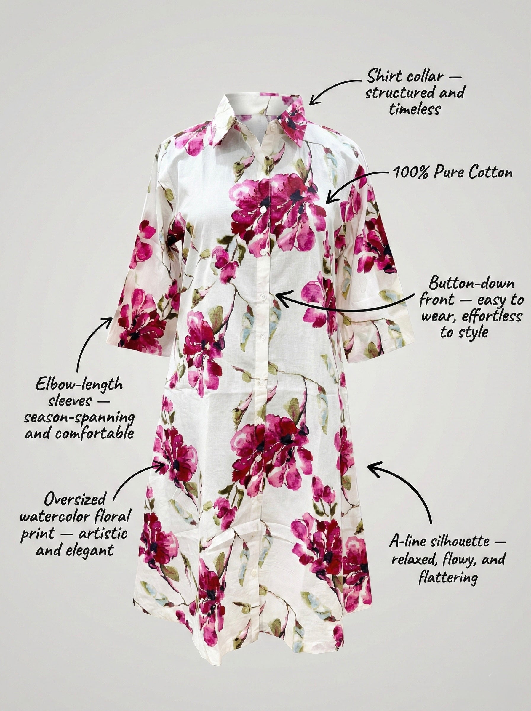 Blossom Drape Watercolor Floral Cotton Shirt Dress