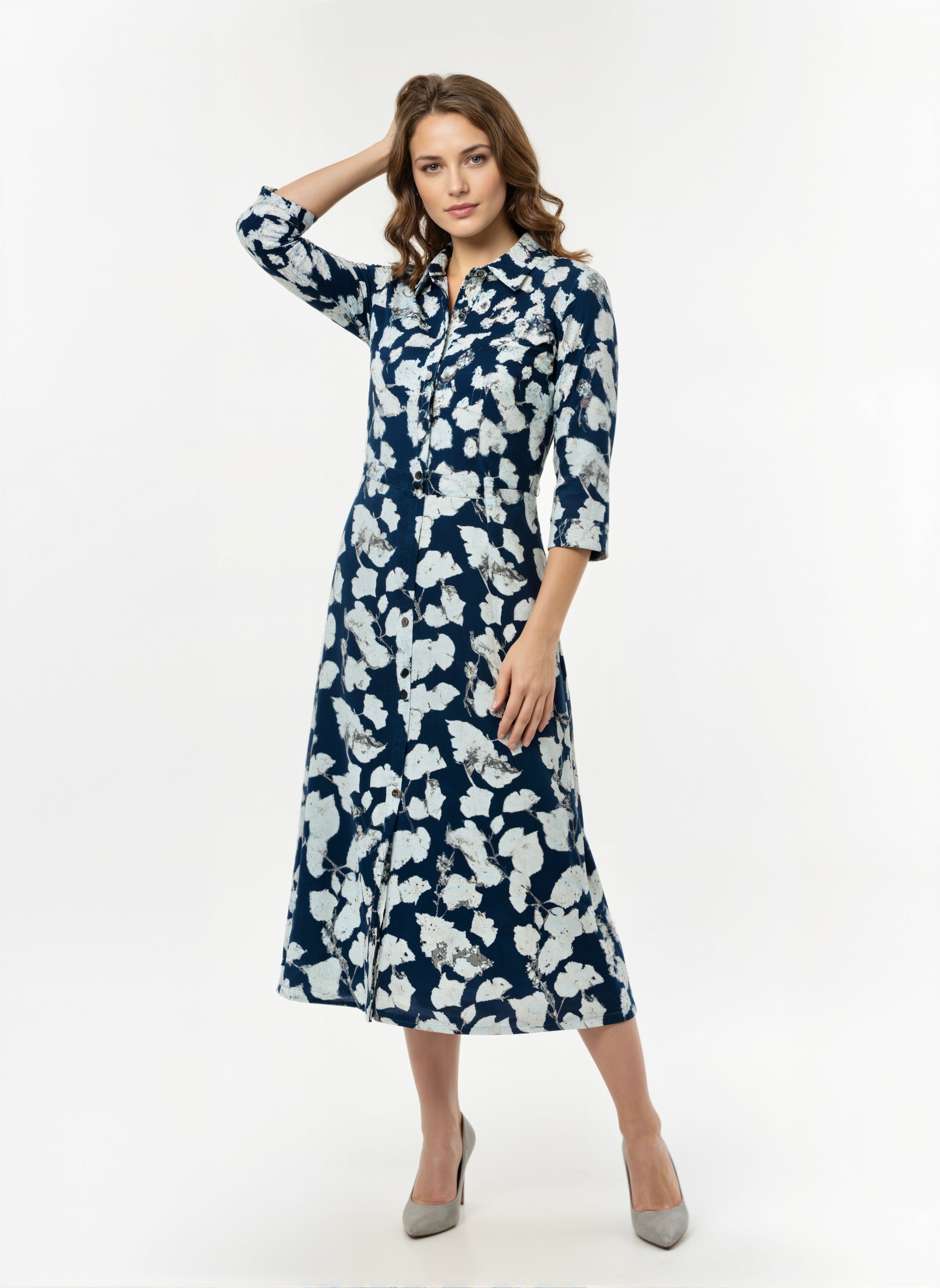 Noir Bloom Abstract Floral Midi Shirt Dress