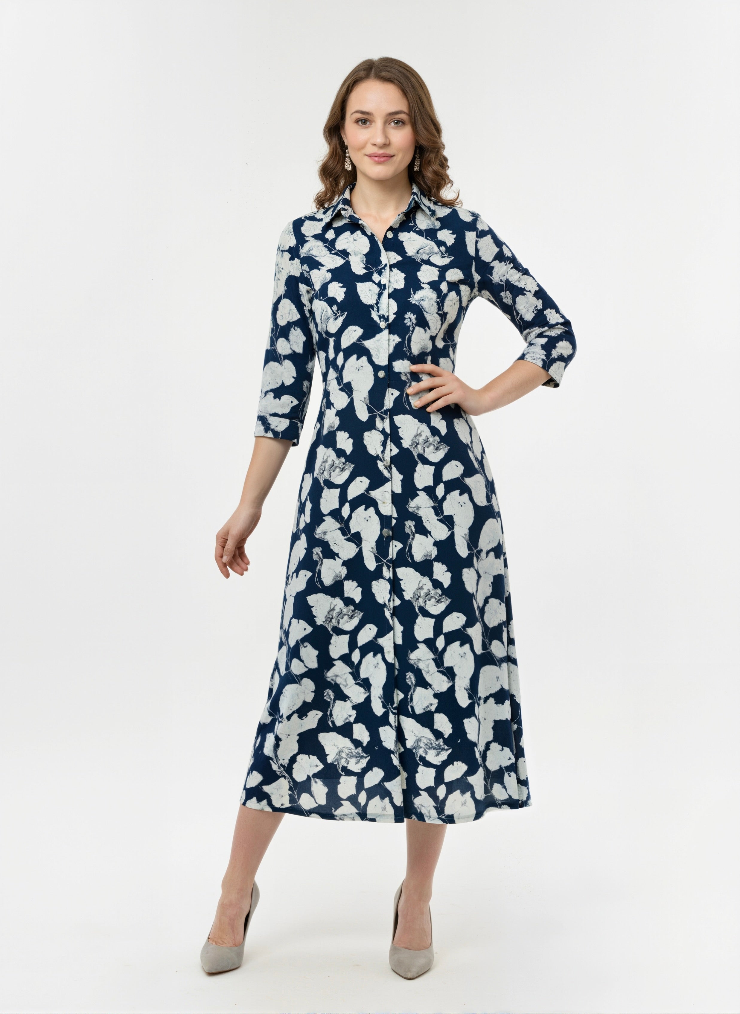 Noir Bloom Abstract Floral Midi Shirt Dress