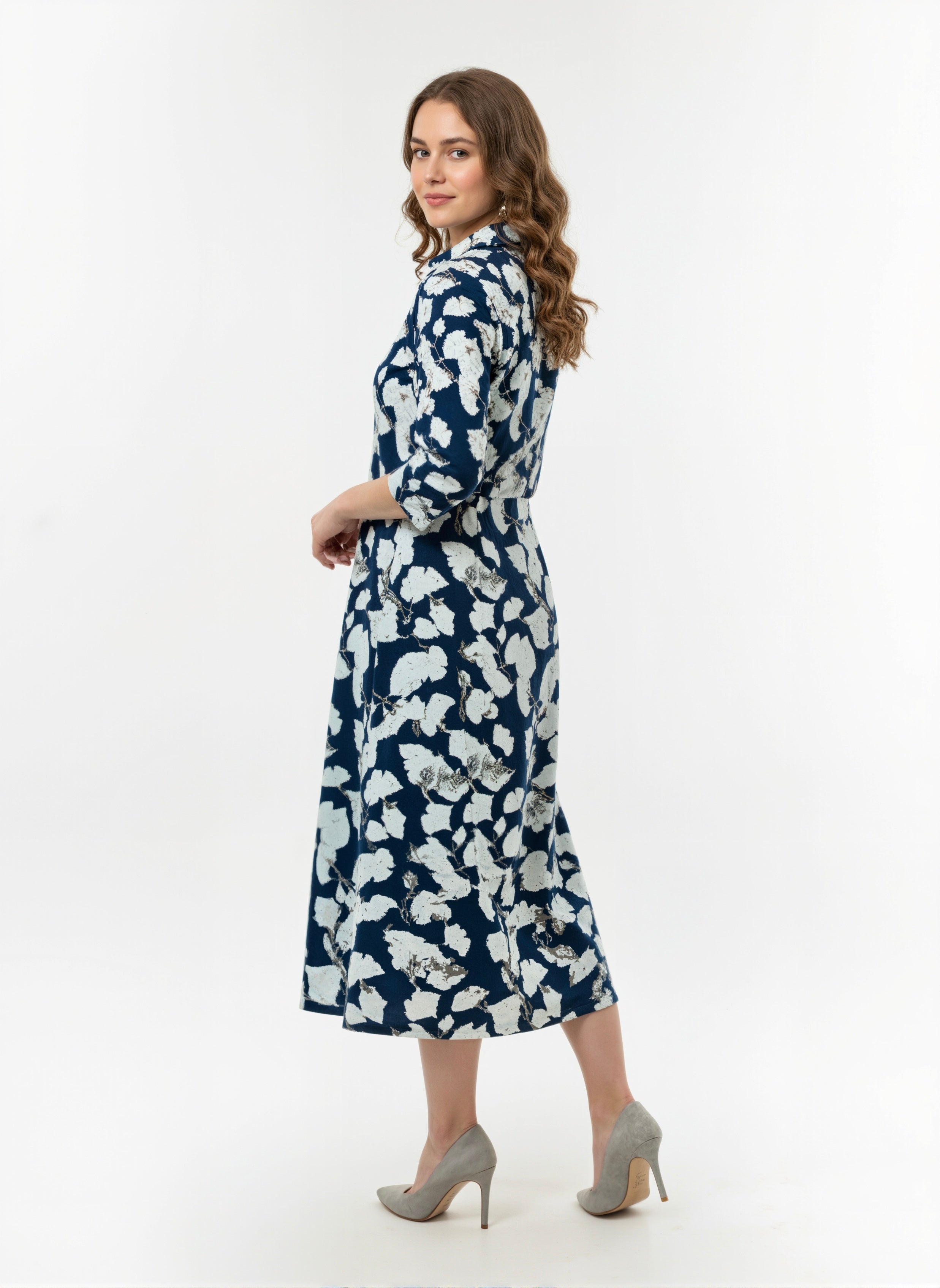 Noir Bloom Abstract Floral Midi Shirt Dress