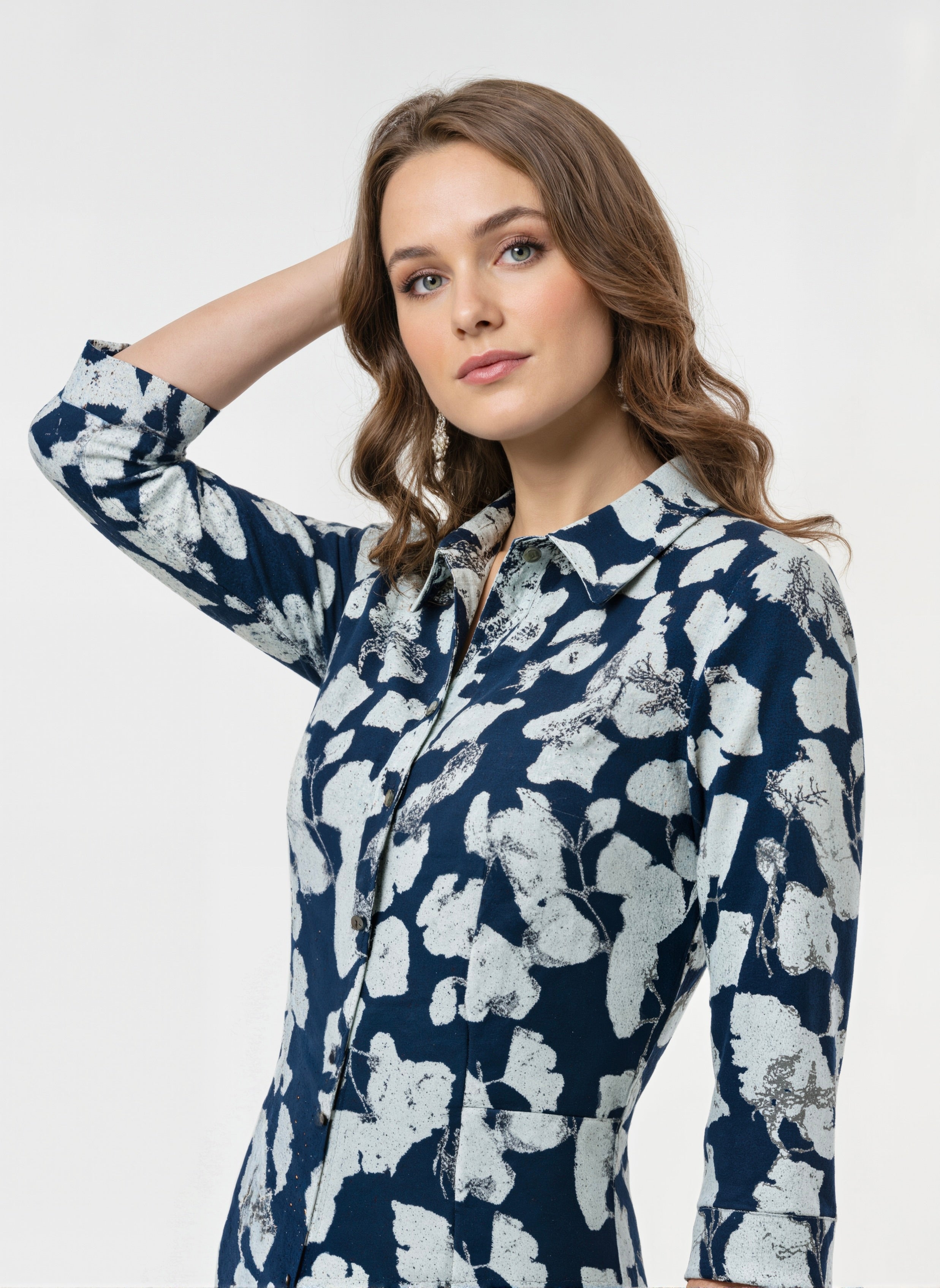Noir Bloom Abstract Floral Midi Shirt Dress