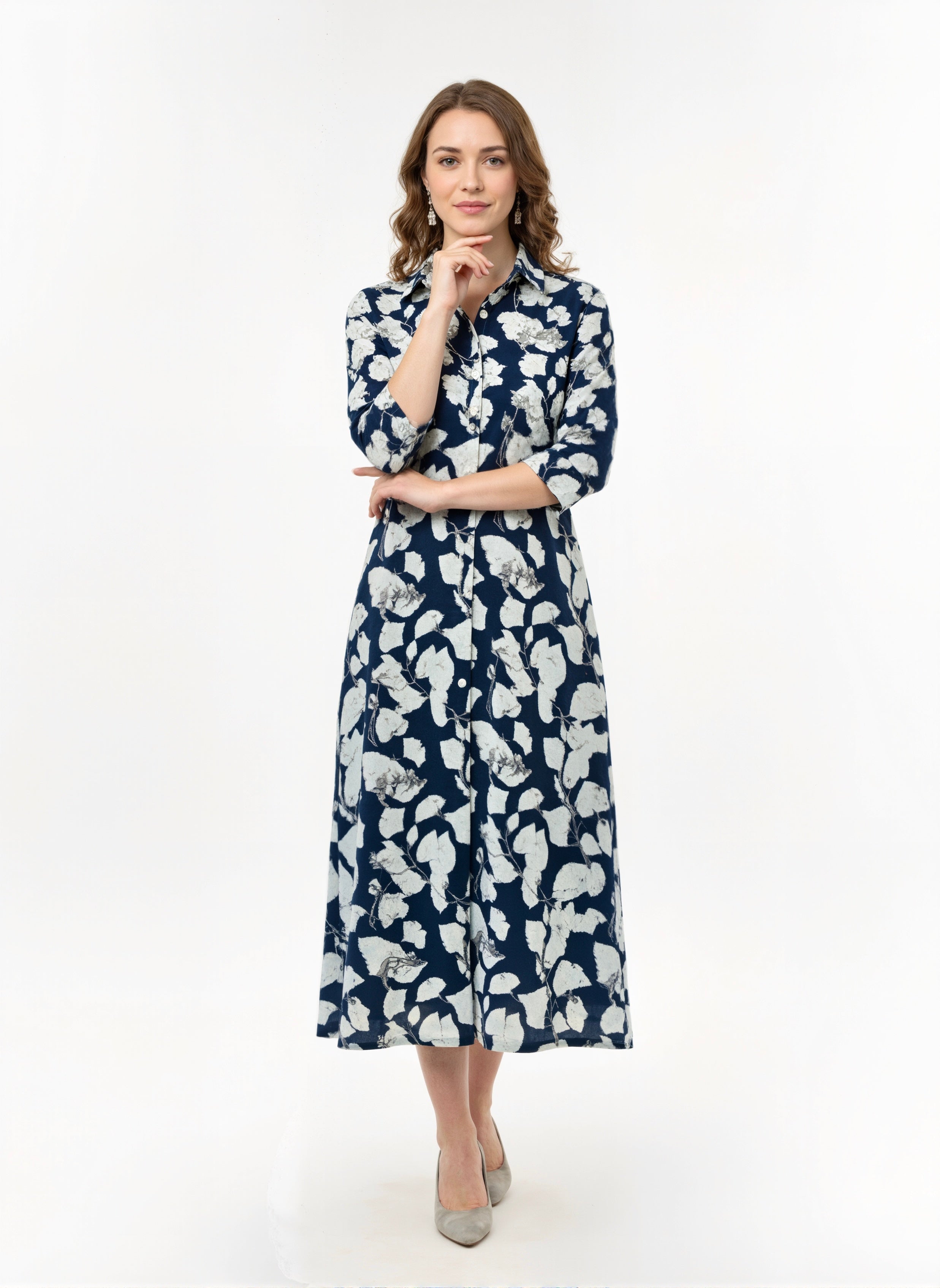 Noir Bloom Abstract Floral Midi Shirt Dress