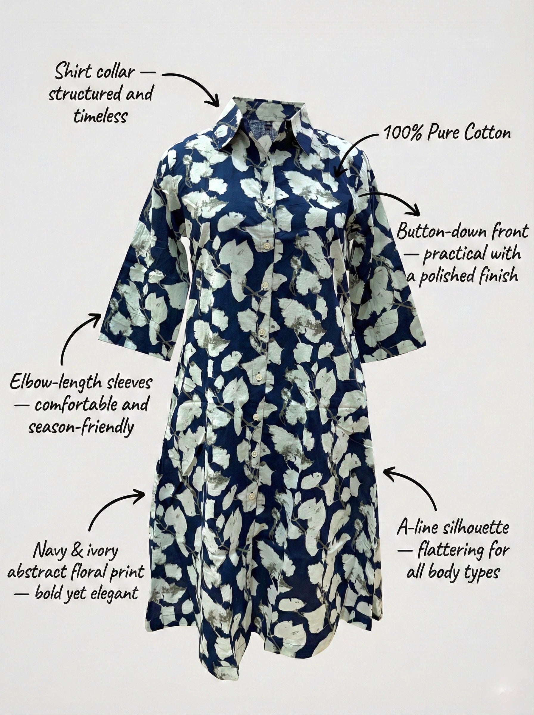 Noir Bloom Abstract Floral Midi Shirt Dress