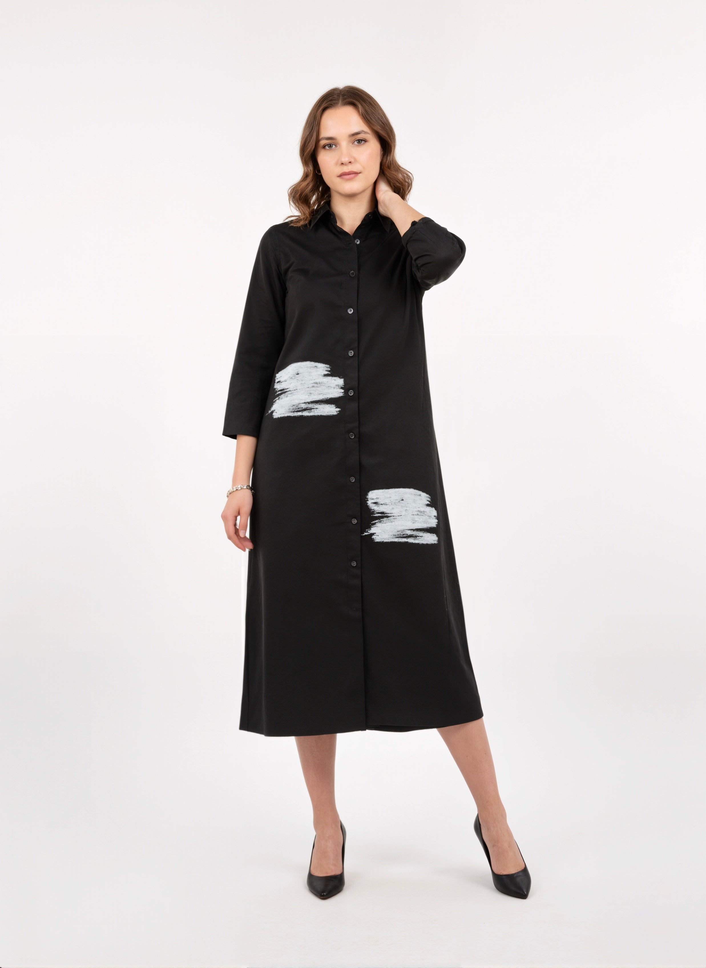 Inkstroke Noir Minimalist Midi Shirt Dress