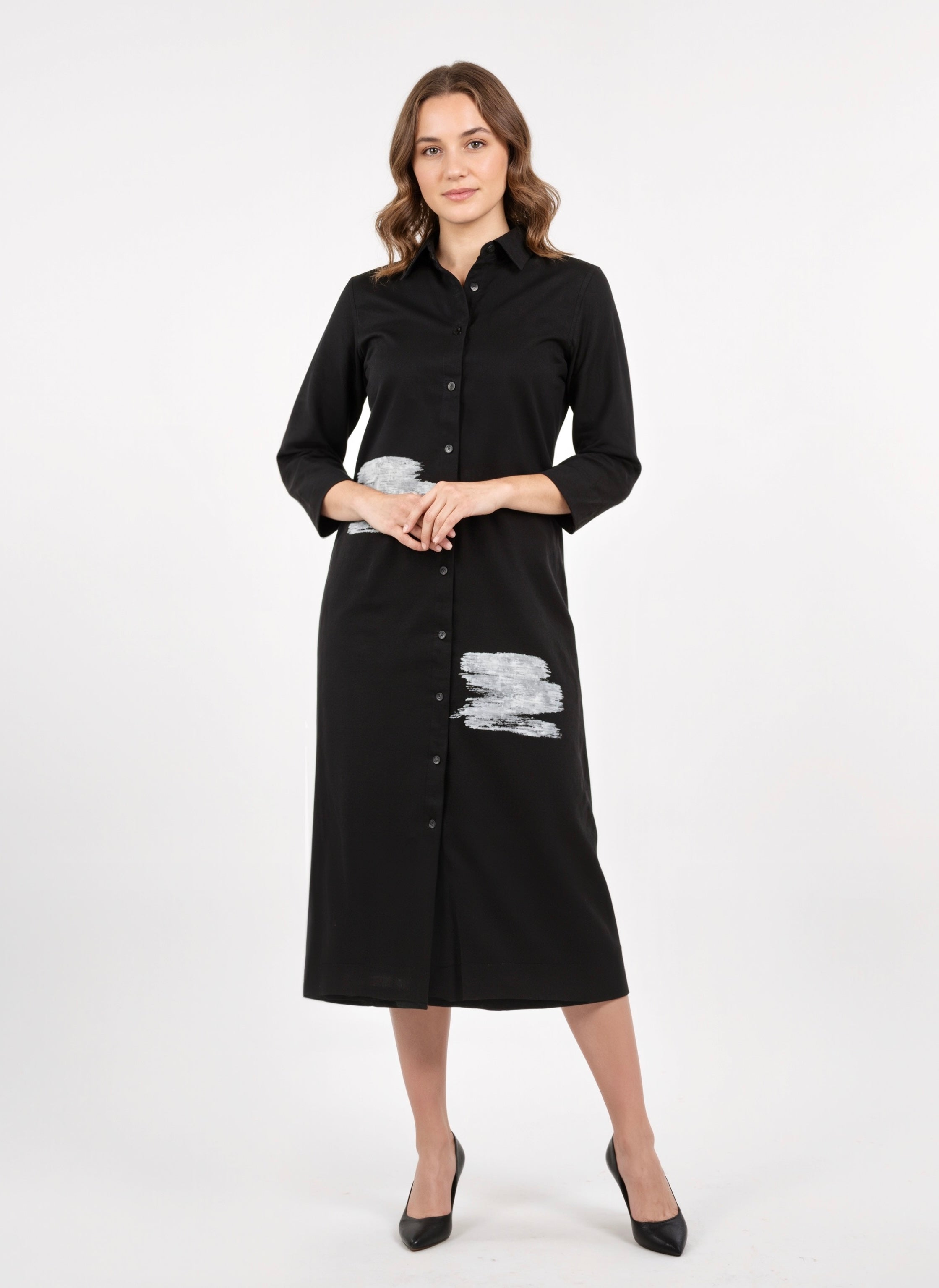 Inkstroke Noir Minimalist Midi Shirt Dress