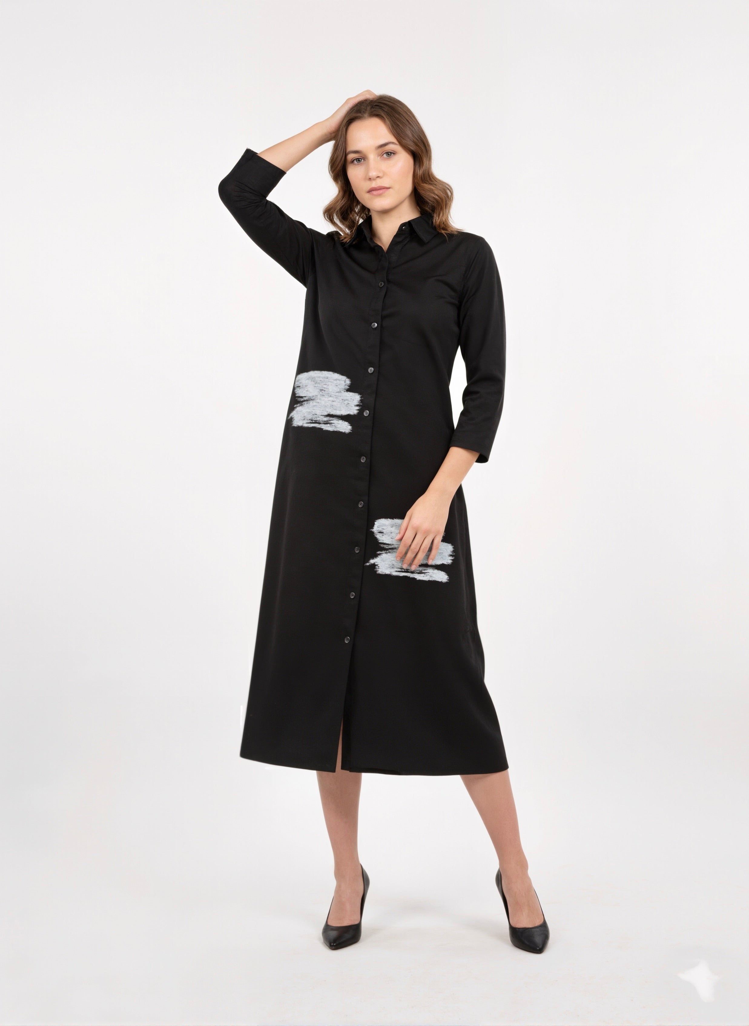 Inkstroke Noir Minimalist Midi Shirt Dress