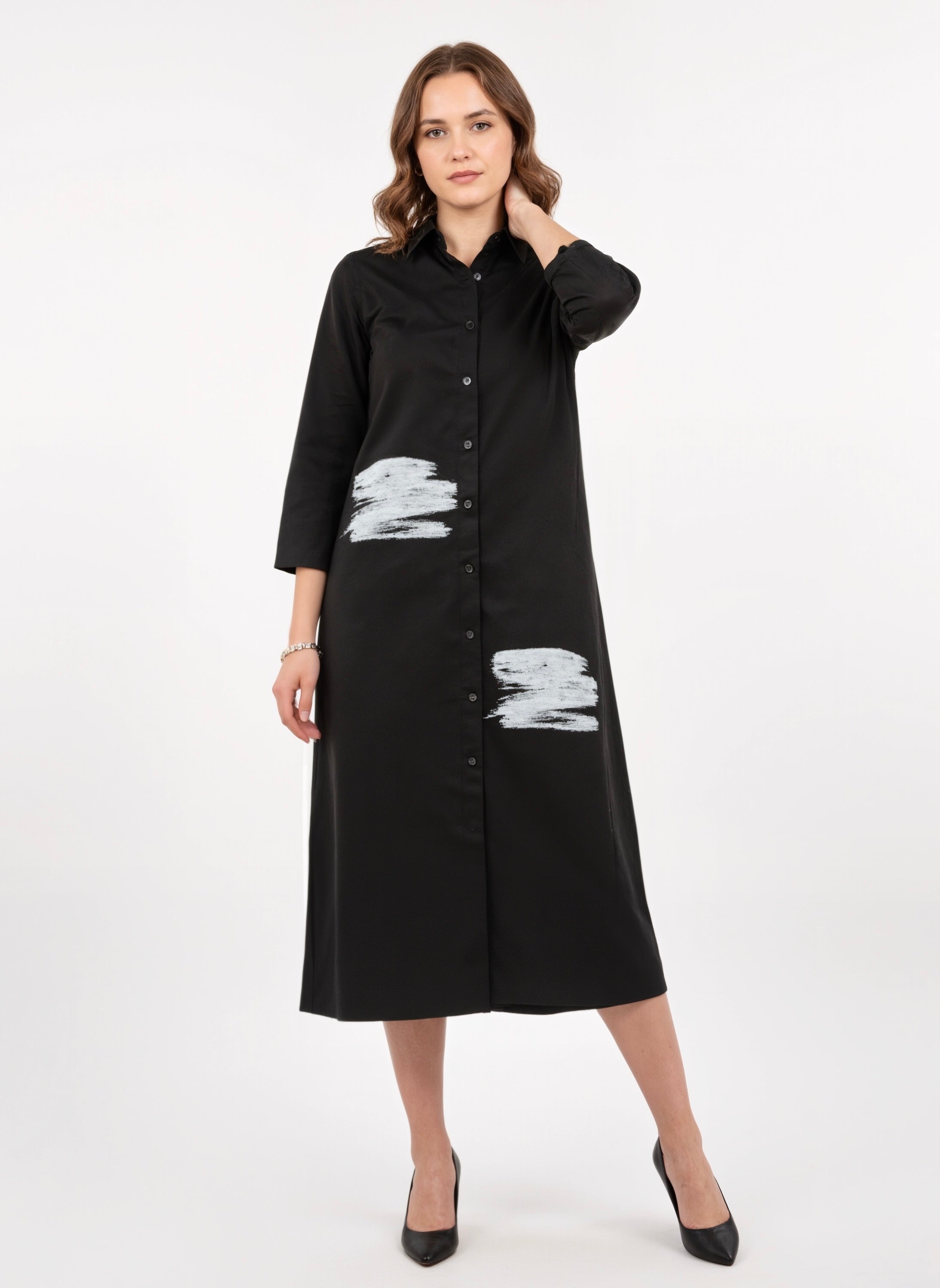 Inkstroke Noir Minimalist Midi Shirt Dress