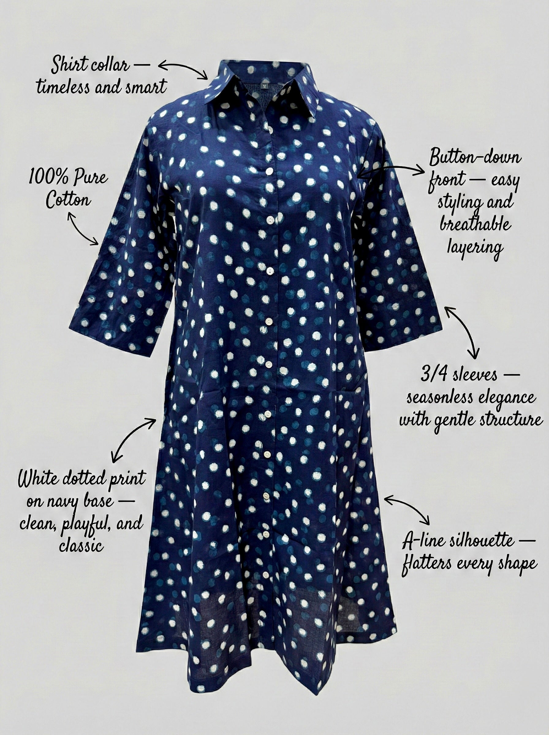 Indigo Dots Cotton Midi Shirt Dress