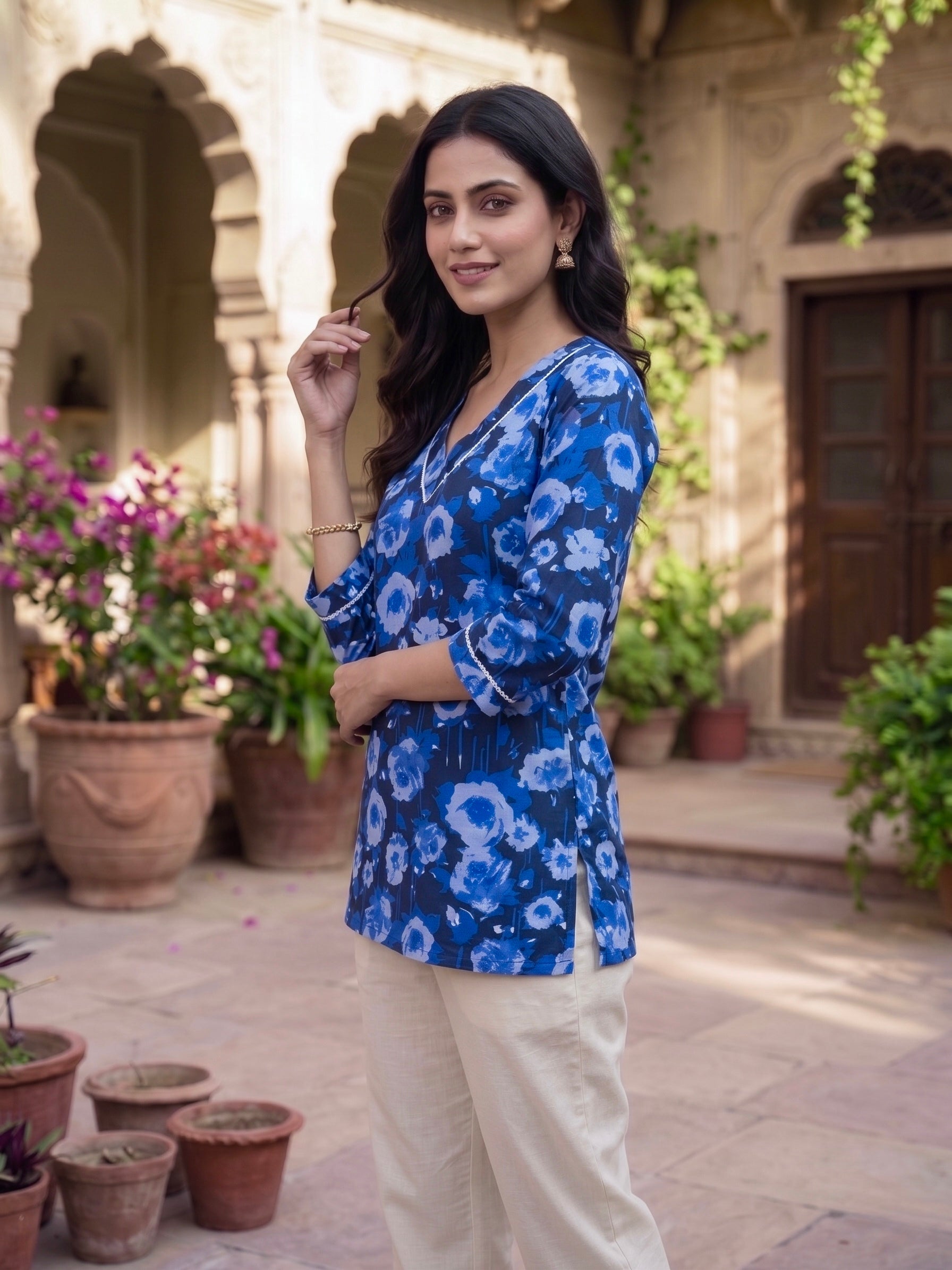 Bluebell Grace: Floral Cotton Short Kurti