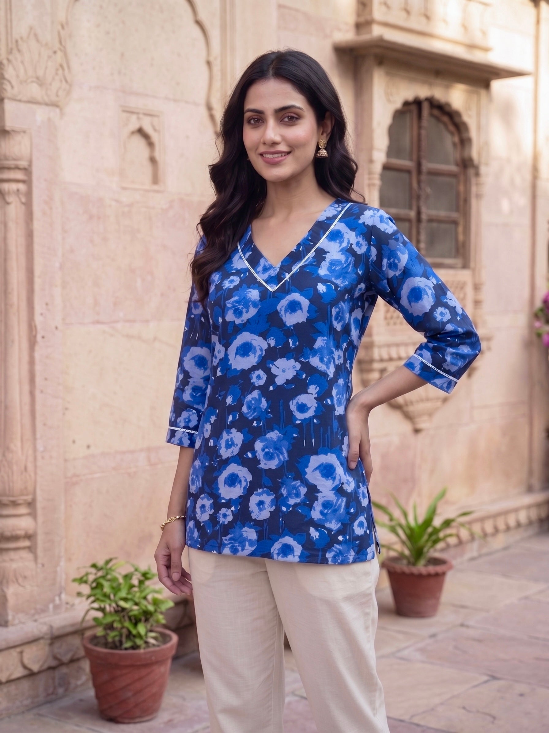 Bluebell Grace: Floral Cotton Short Kurti
