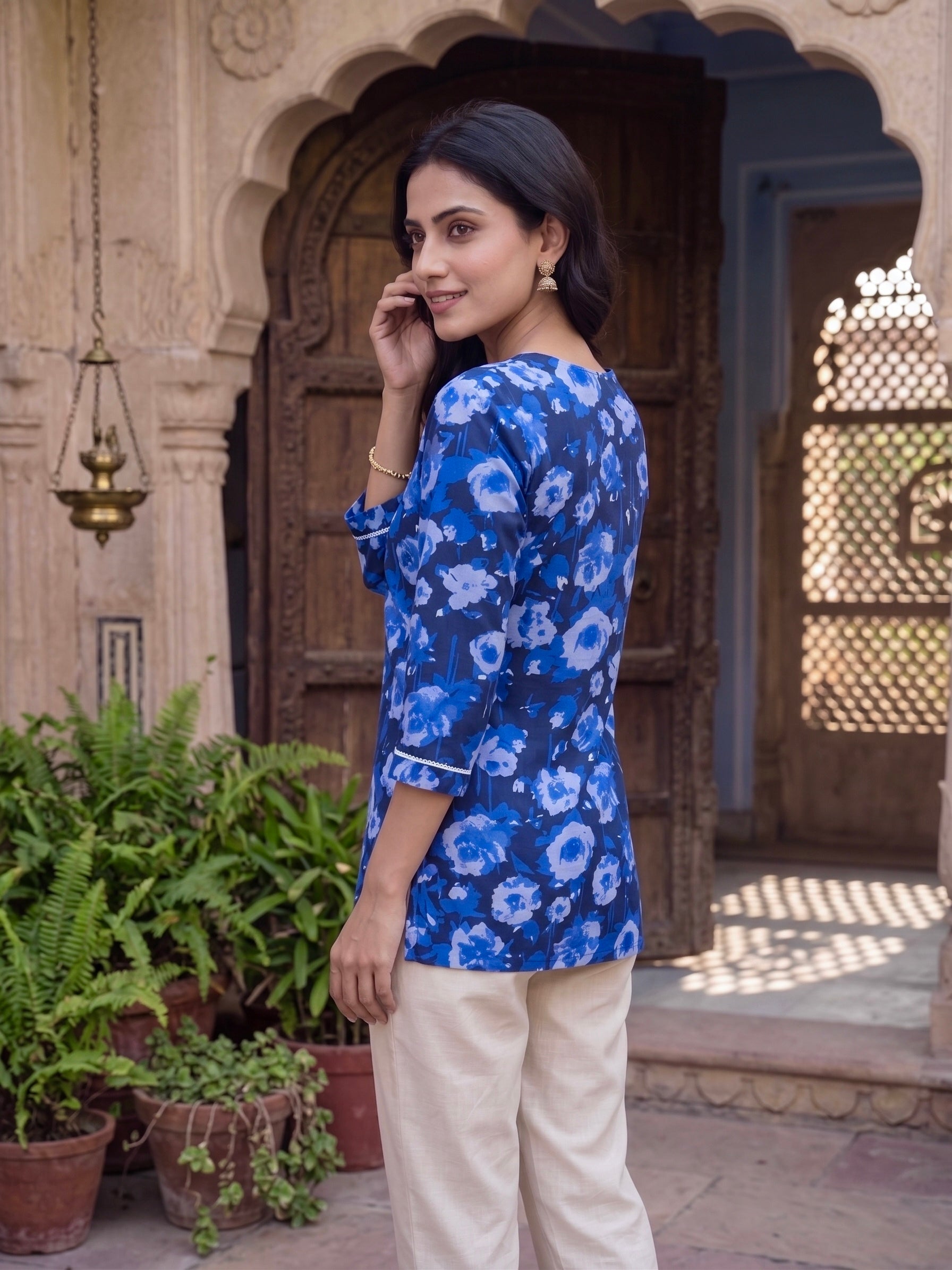 Bluebell Grace: Floral Cotton Short Kurti