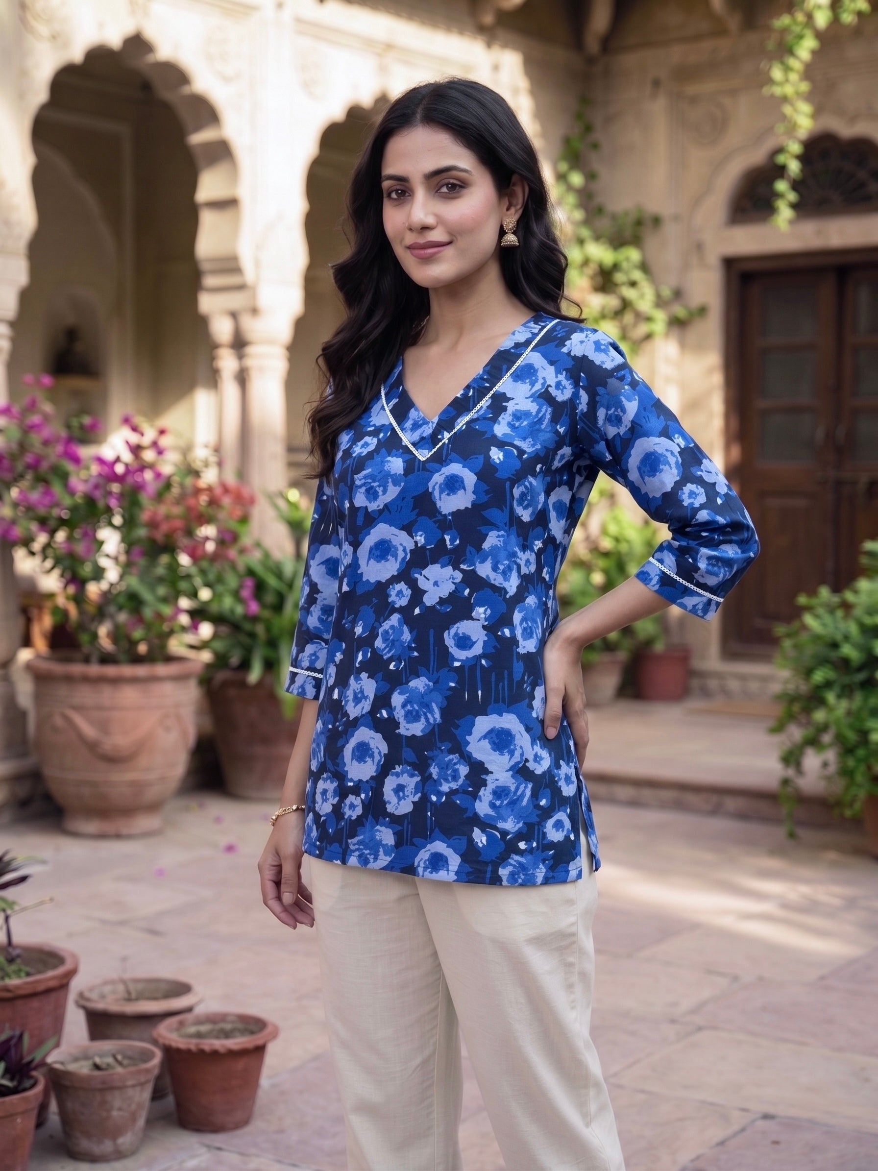 Bluebell Grace: Floral Cotton Short Kurti