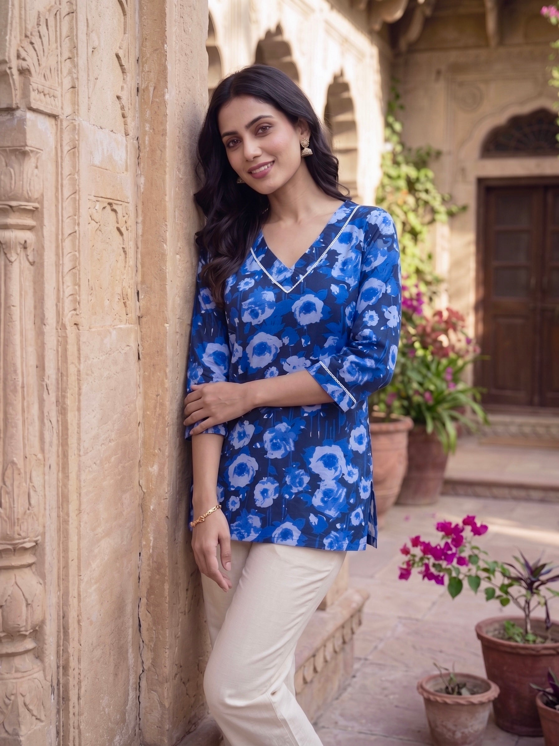 Bluebell Grace: Floral Cotton Short Kurti