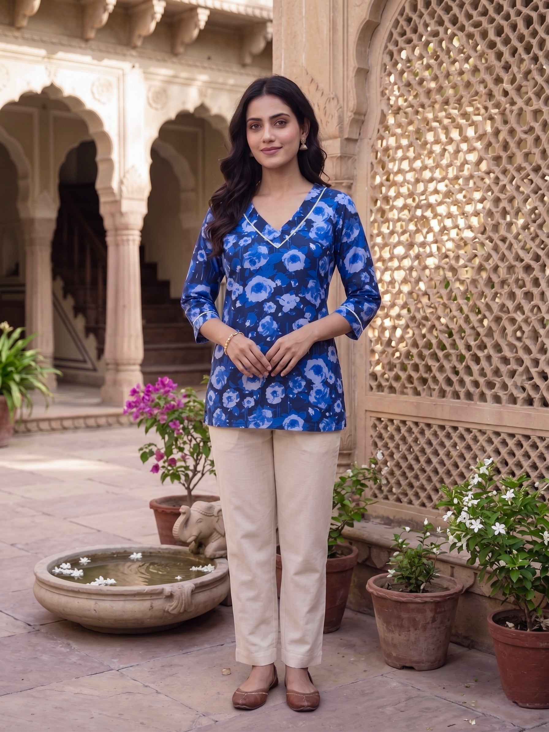 Bluebell Grace: Floral Cotton Short Kurti