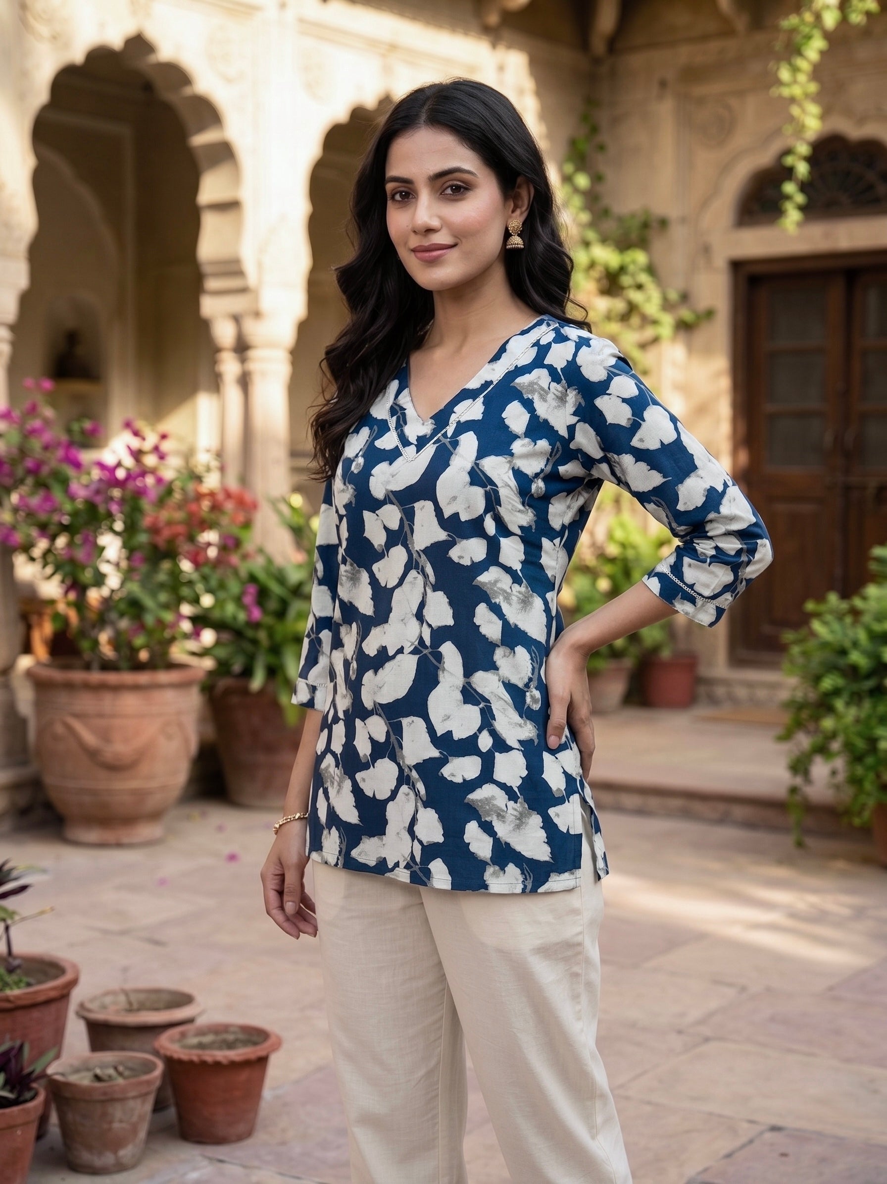 Indigo Ivy: Navy Floral Cotton Short Kurti