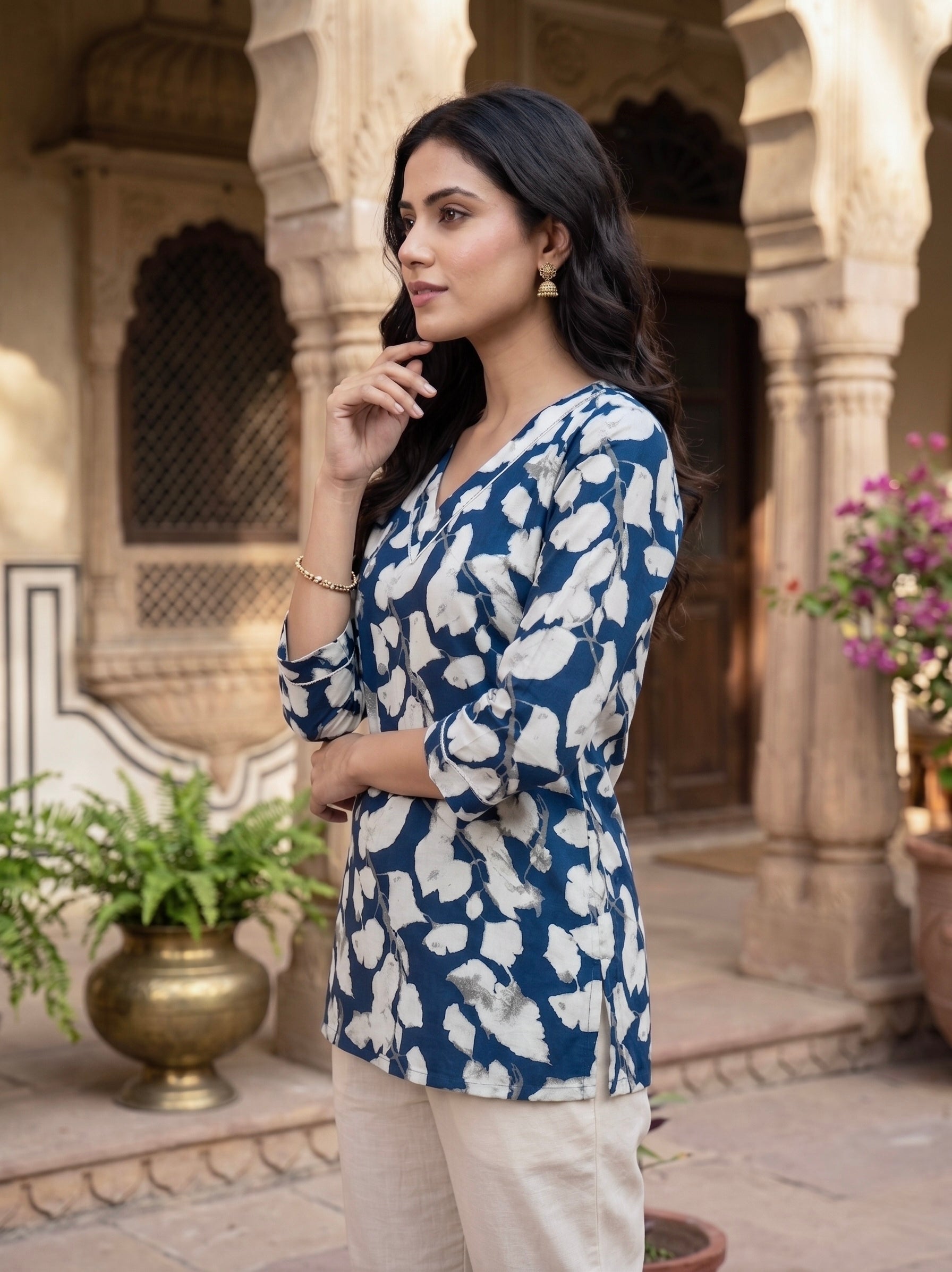 Indigo Ivy: Navy Floral Cotton Short Kurti