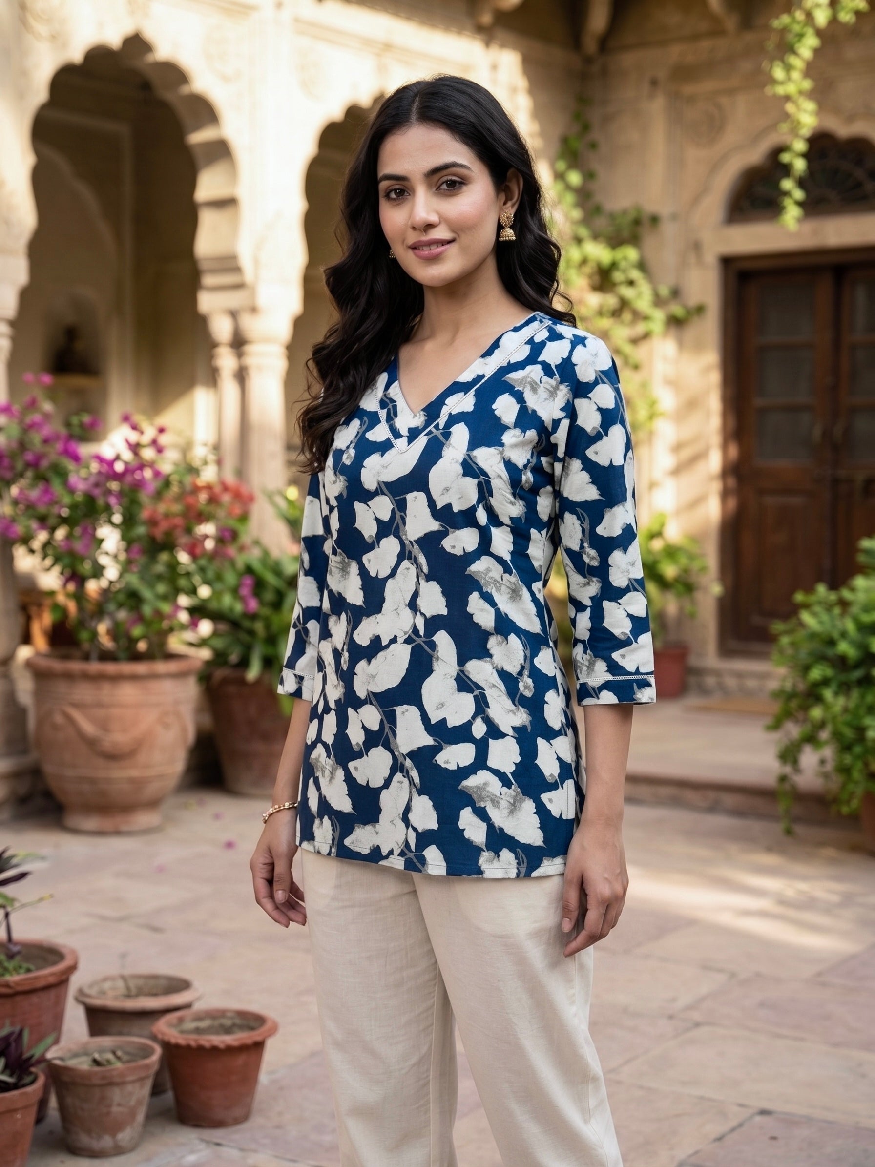 Indigo Ivy: Navy Floral Cotton Short Kurti