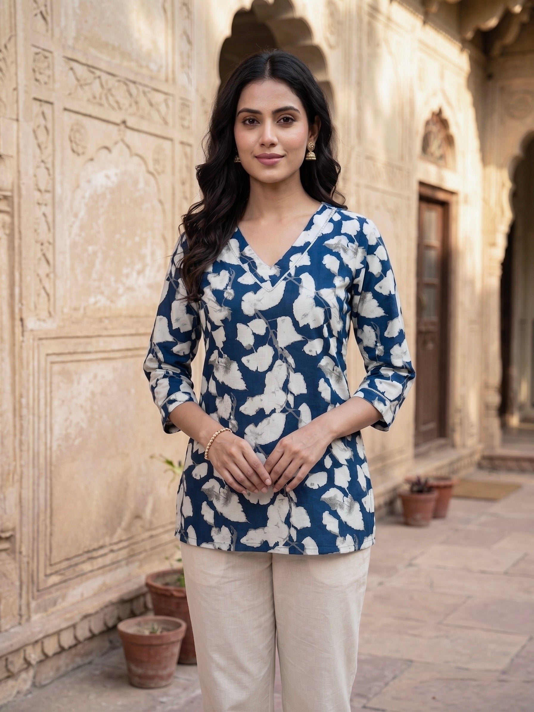Indigo Ivy: Navy Floral Cotton Short Kurti