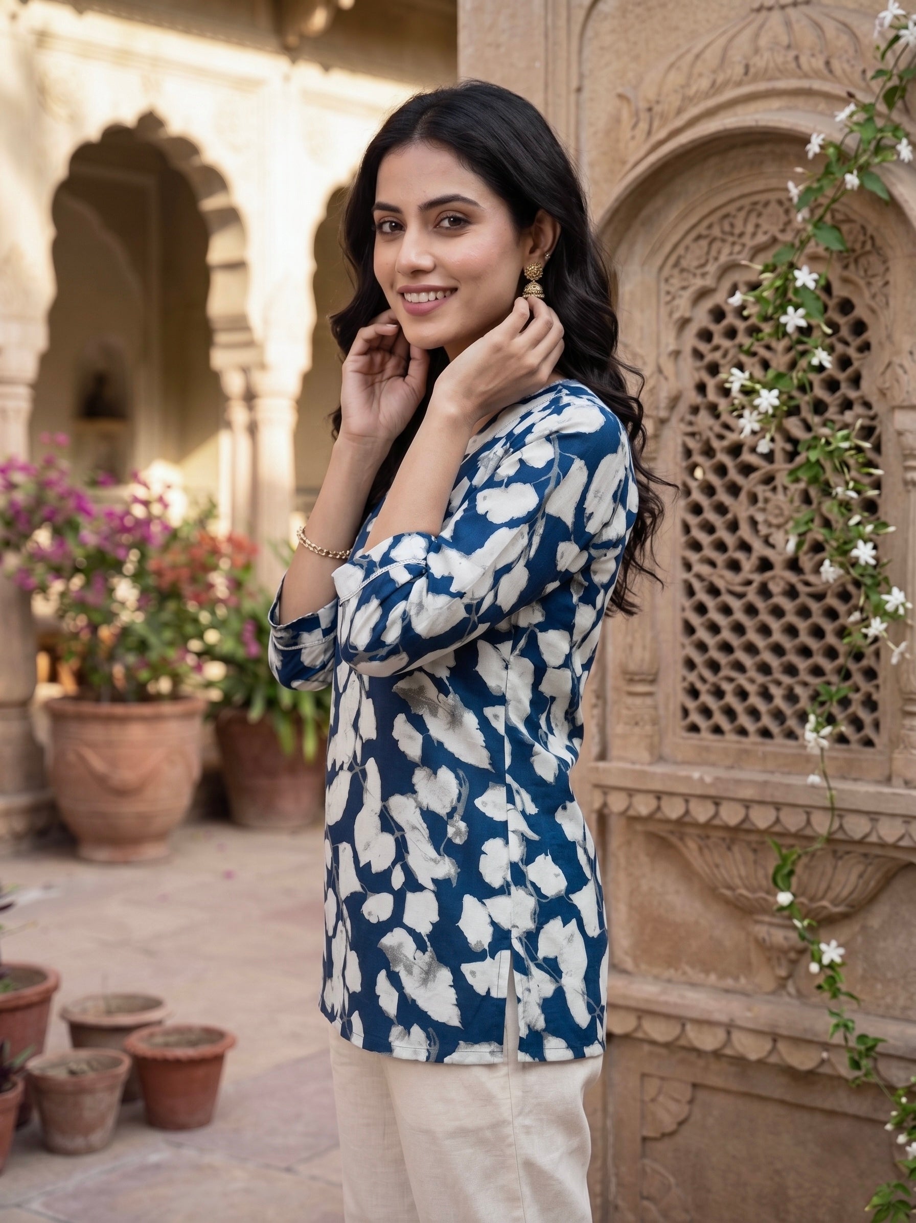 Indigo Ivy: Navy Floral Cotton Short Kurti